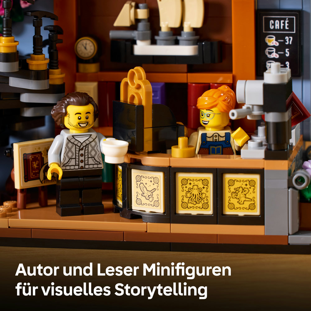 Lego-Café-Szene mit einem männlichen Kunden, der eine Tasse hält, und einer Barista.