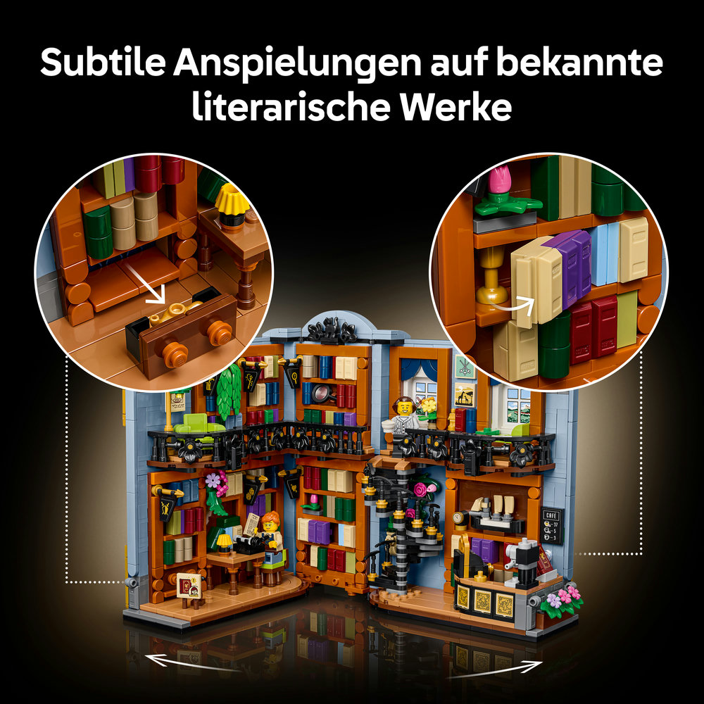 Lego-Buchhandlung mit zwei runden Ausschnitten, die geheime Fächer und verstaute Bücher zeigen.