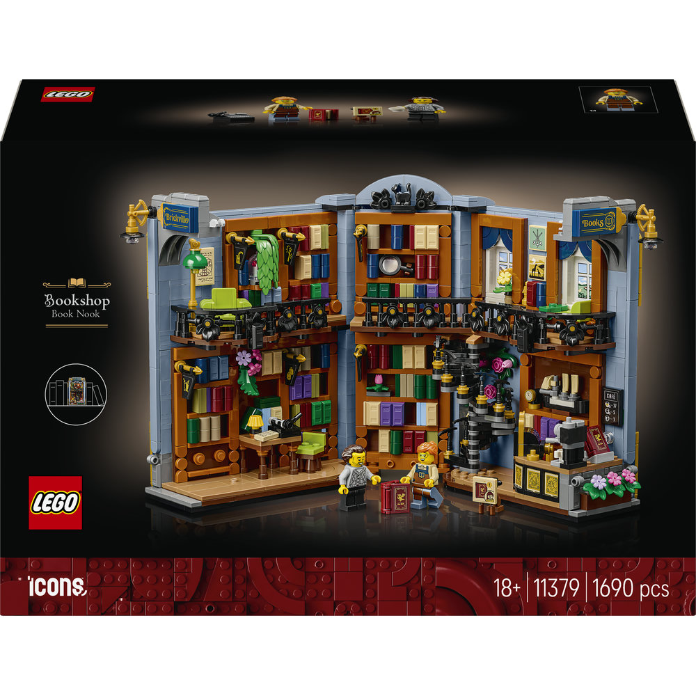 Lego Icons Bookshop Book Nook Set mit zwei Figuren, Regalen voller Bücher und einer Wendeltreppe in einem offenen Design.