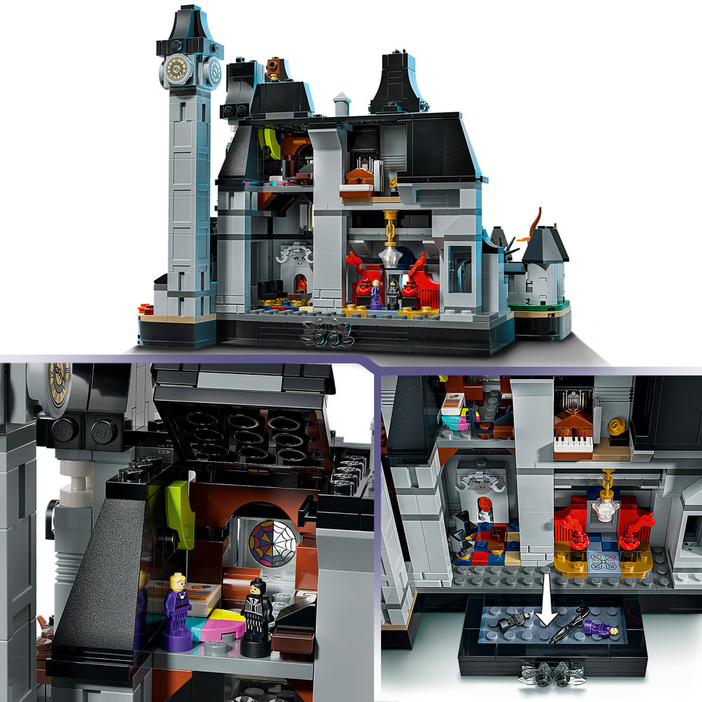 Ein Lego-Gebäude mit Uhrturm und mehreren Innenräumen zeigt Minifiguren und Details.