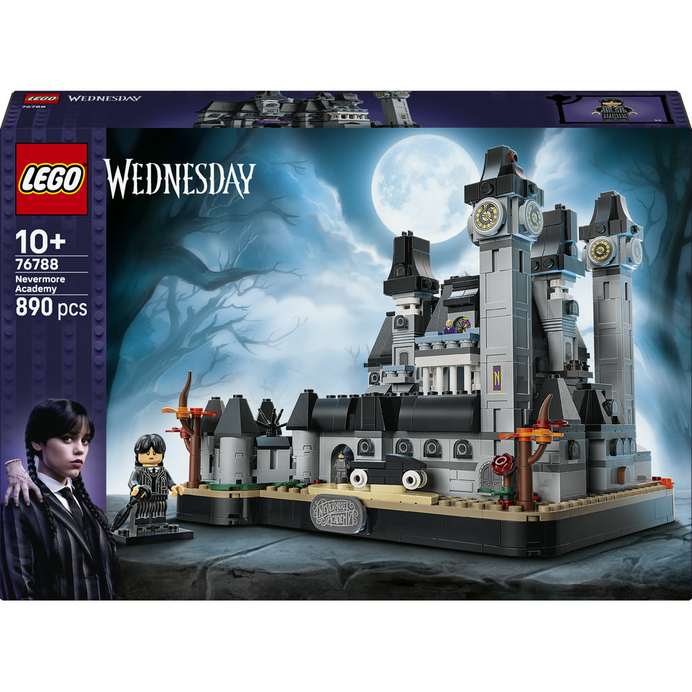 Lego Wednesday Nevermore Akademie Set Box mit Mondnacht-Hintergrund und Minifigur.