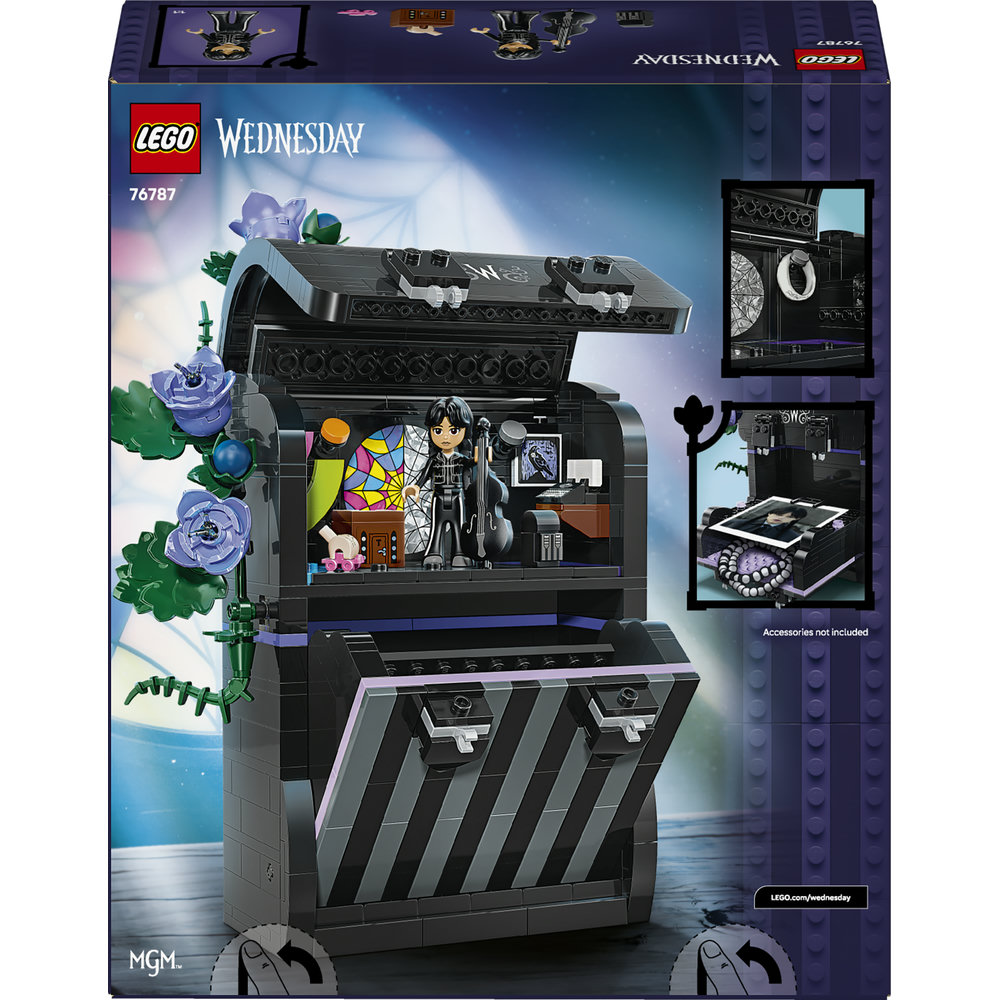 Lego Mittwoch Koffer-Set mit Figuren, Cello und violetten Rosen an der Seite.