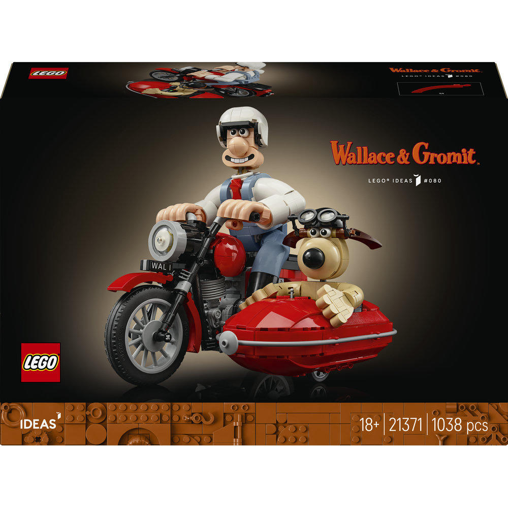 LEGO Wallace und Gromit Set-Box mit Wallace auf einem roten Motorrad und Gromit im Beiwagen.