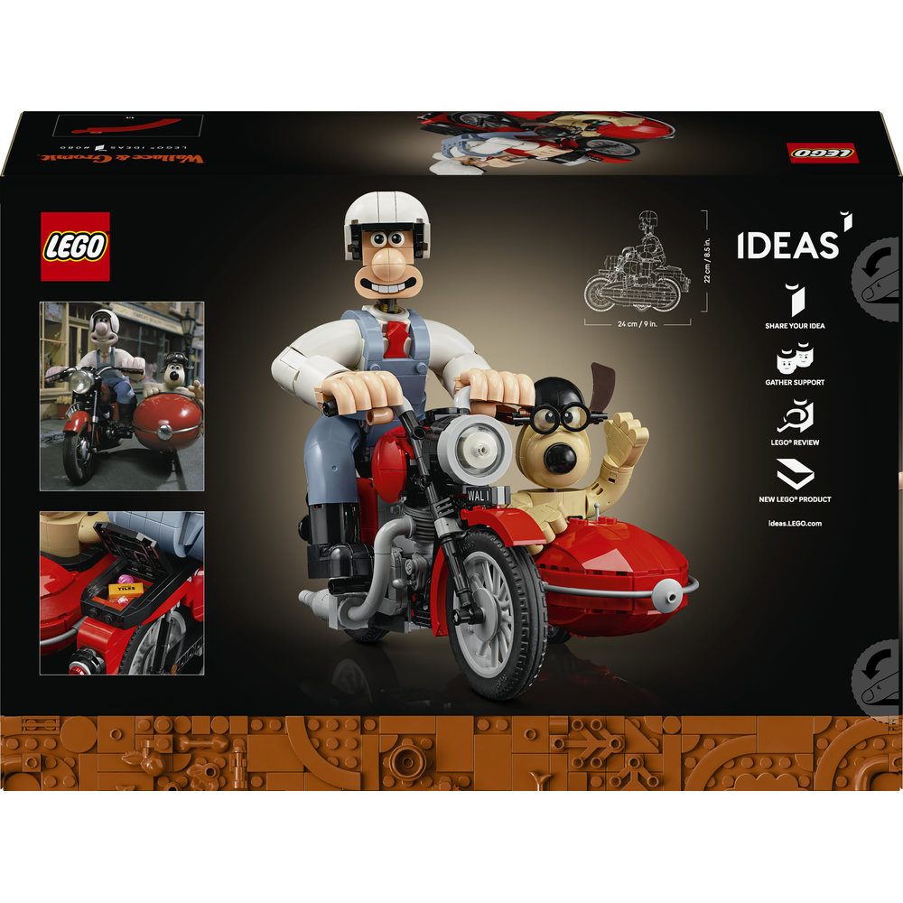 LEGO Ideas Wallace and Gromit Schachtel mit Wallace auf einem roten Motorrad und Gromit im Beiwagen.