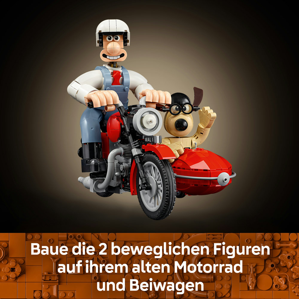 Lego-Figur Wallace auf einem Motorrad mit Beiwagen und Hund Gromit.