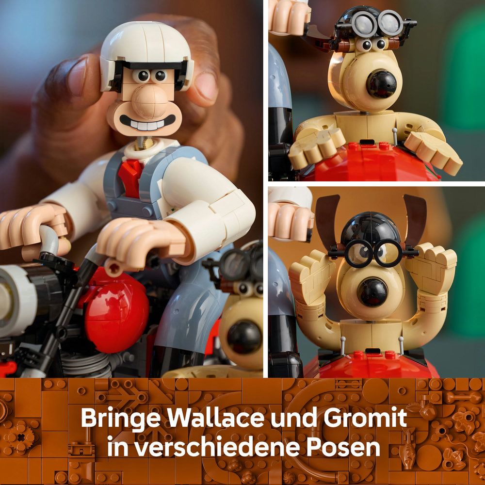 Lego-Figuren von Wallace und Gromit in verschiedenen Posen.