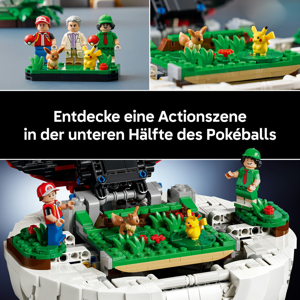 Lego-Pokemon-Set mit Ash, Pikachu, Evoli und Charakteren in einer Pokeball-Szene.