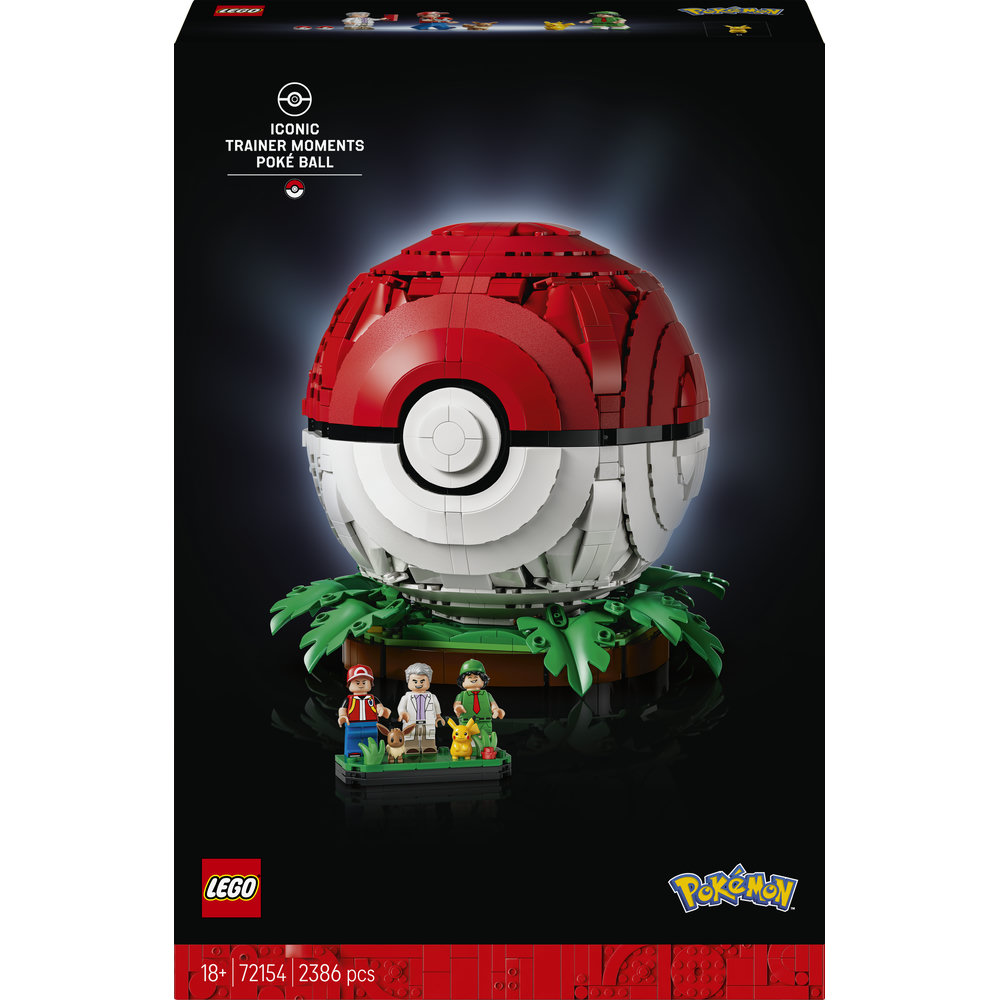 Lego-Pokéball-Set mit Figuren von Ash, Professor Eich und Trainer auf einem schwarzen Hintergrund.