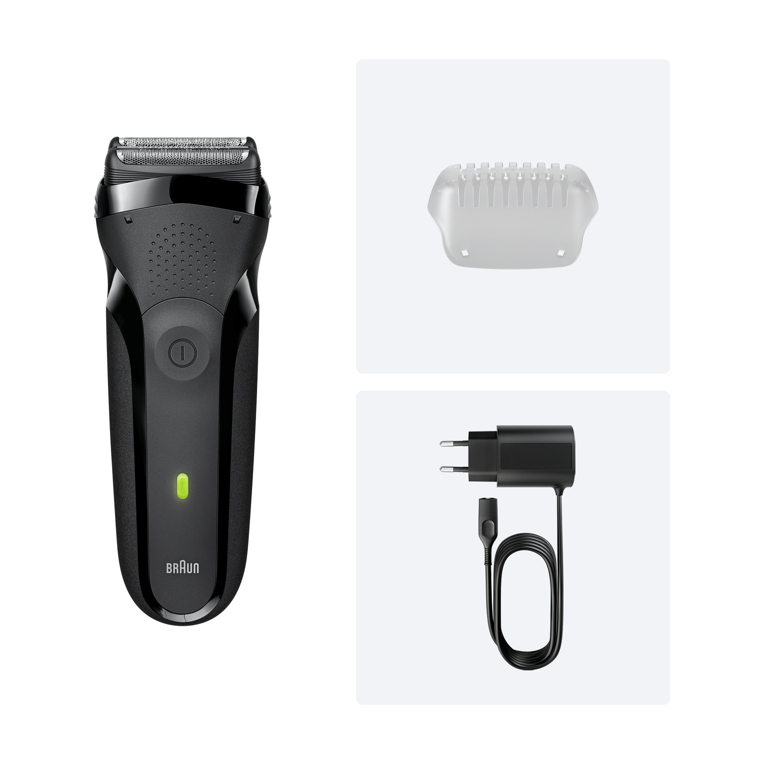 Rasoio elettrico Braun nero con accessorio bianco e cavo di ricarica nero su sfondo bianco.