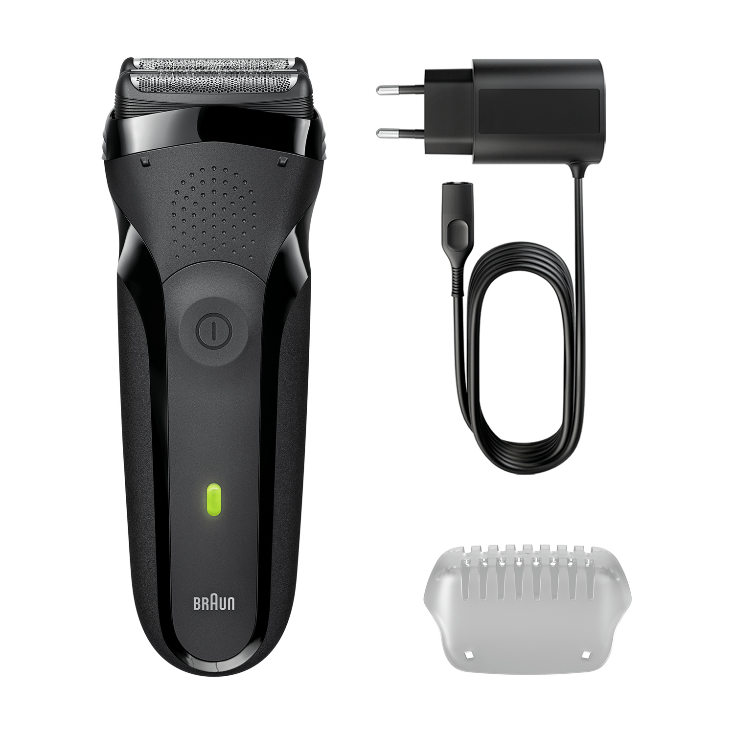 Un rasoio elettrico Braun nero con alimentatore e coperchio protettivo su sfondo bianco.