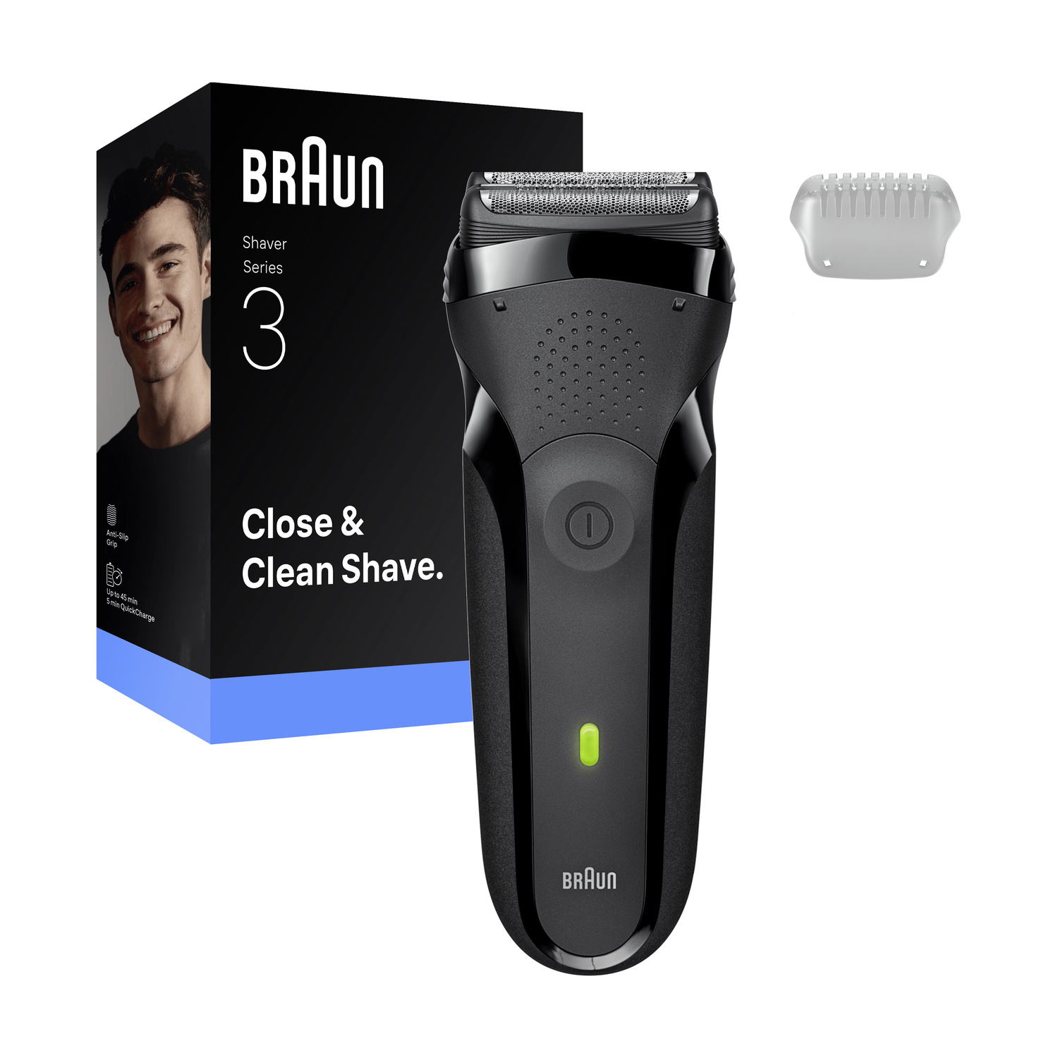 Un rasoio nero Braun Series 3 accanto alla sua confezione e a un cappuccio protettivo su sfondo bianco.