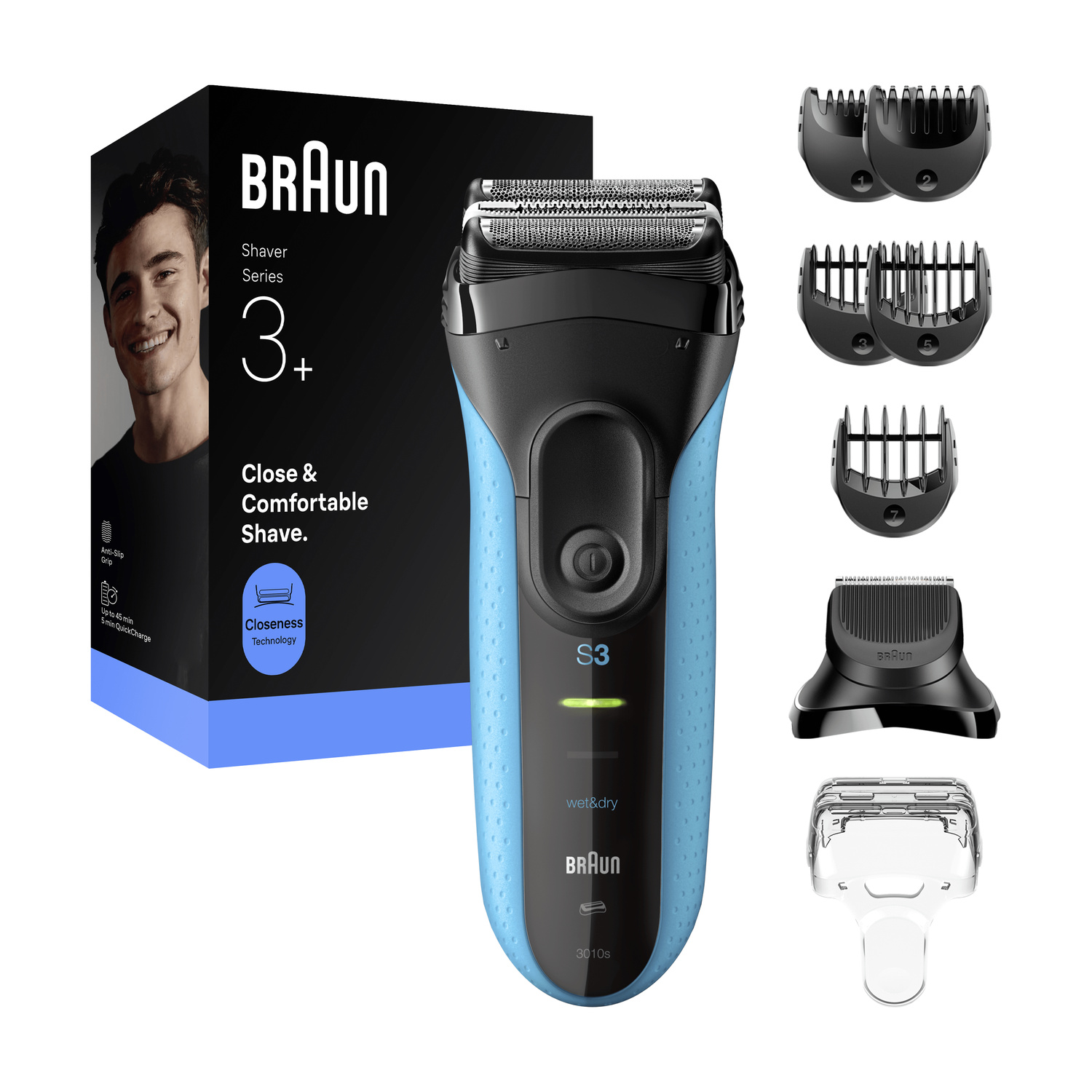 Rasoio Braun Series 3 con la sua scatola e vari accessori su sfondo bianco.