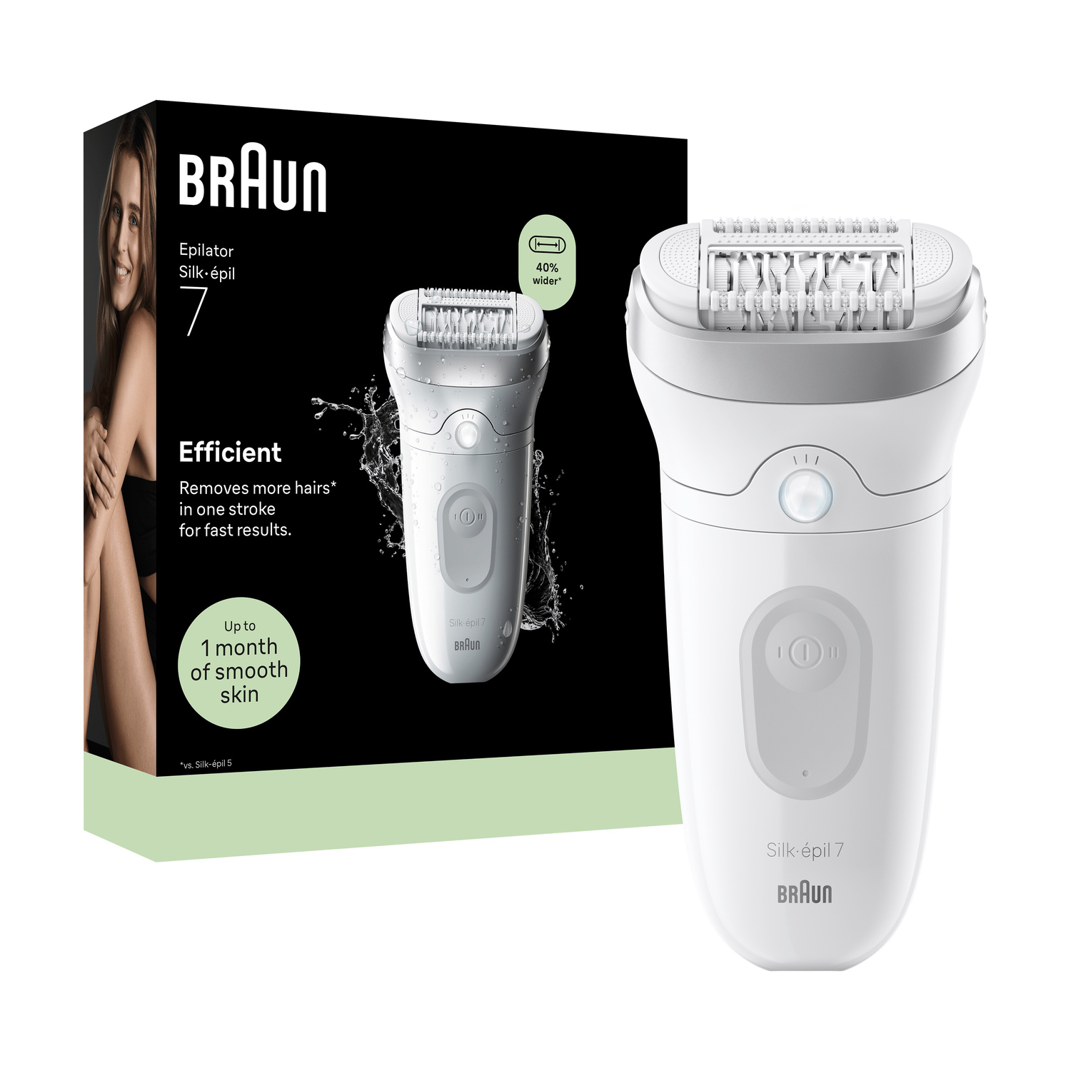 Un epilatore bianco Braun Silk-épil 7 si trova davanti alla confezione nera e verde.