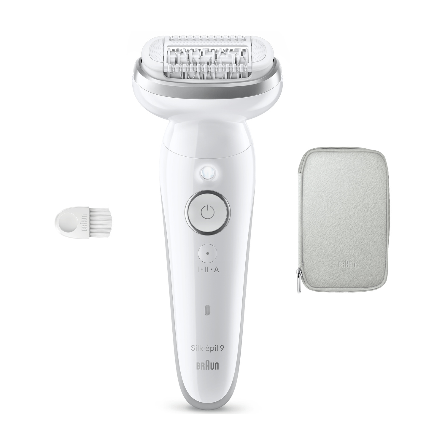 Un epilatore bianco Braun Silk-épil 9 con una piccola spazzola di pulizia e una custodia grigia.