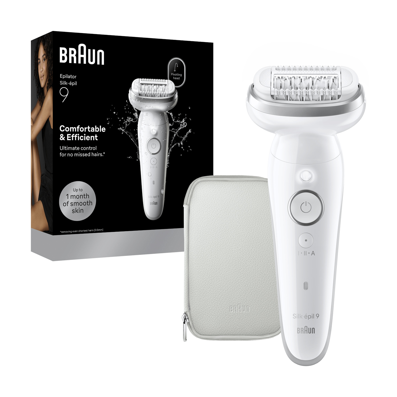 Epilatore bianco Braun Silk-épil 9 con custodia e confezione nera.