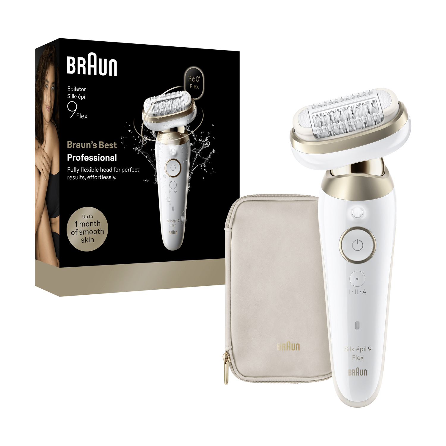 Epilatore Braun Silk-épil 9 Flex bianco e oro con custodia e scatola.