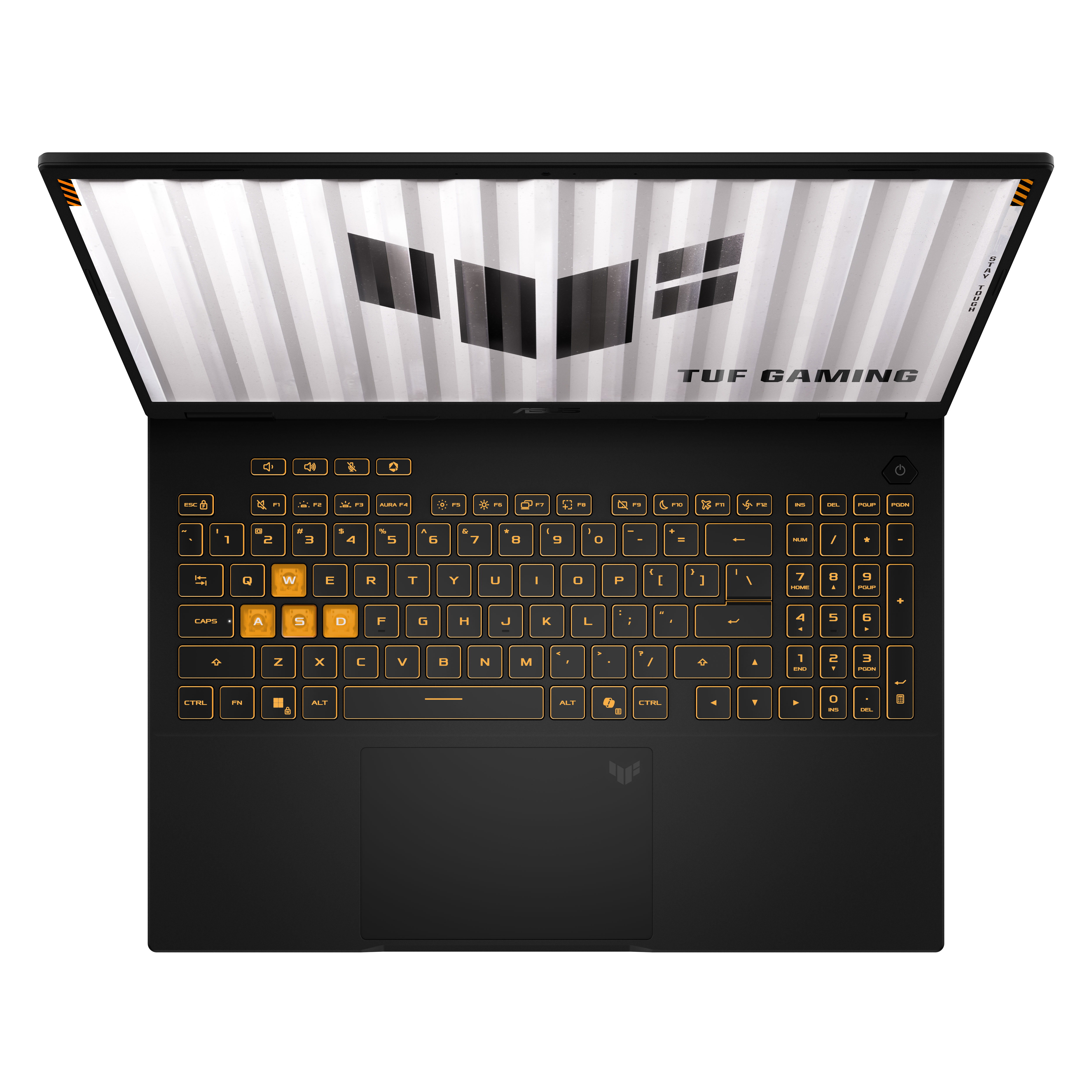 Ekranında TUF logosu ve turuncu aydınlatmalı klavyesi olan siyah Asus TUF Gaming dizüstü bilgisayarın üstten görünümü.