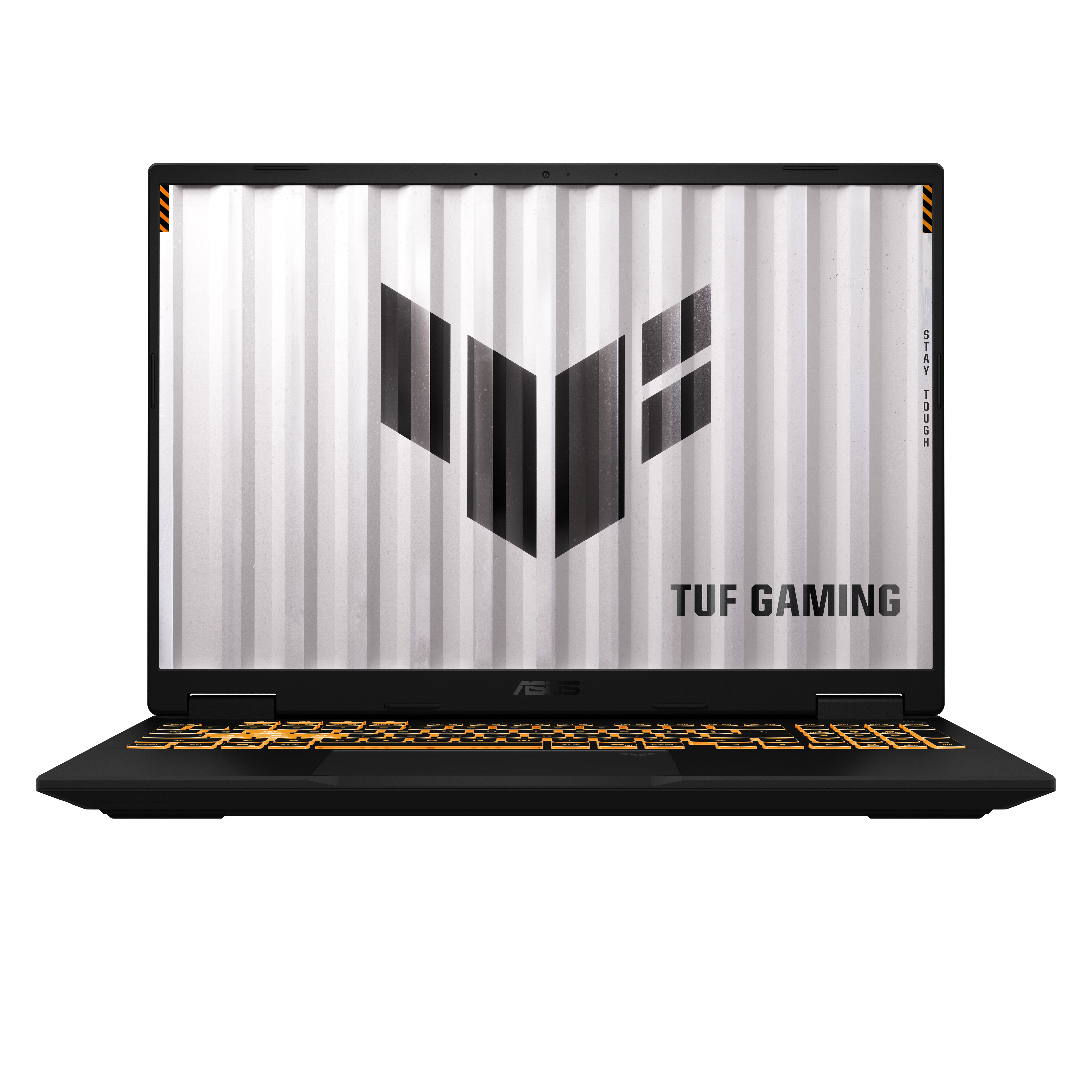 Arkadan aydınlatmalı klavyeye ve logoya sahip siyah bir Asus TUF Gaming dizüstü bilgisayarın önden görünümü.