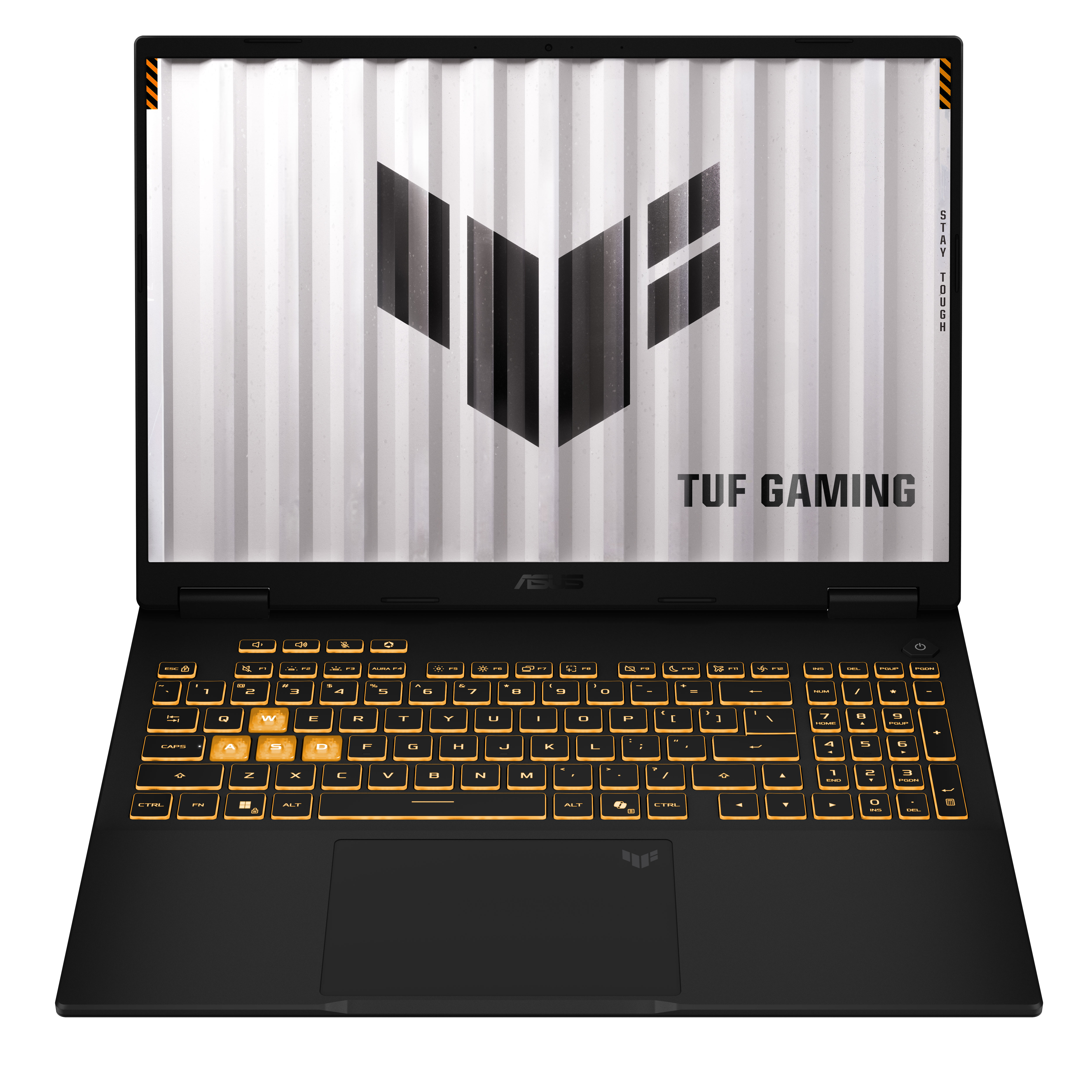 Açık ekranlı, arkadan aydınlatmalı klavyeli ve sağlam tasarımlı Asus Tuf Gaming dizüstü bilgisayar.