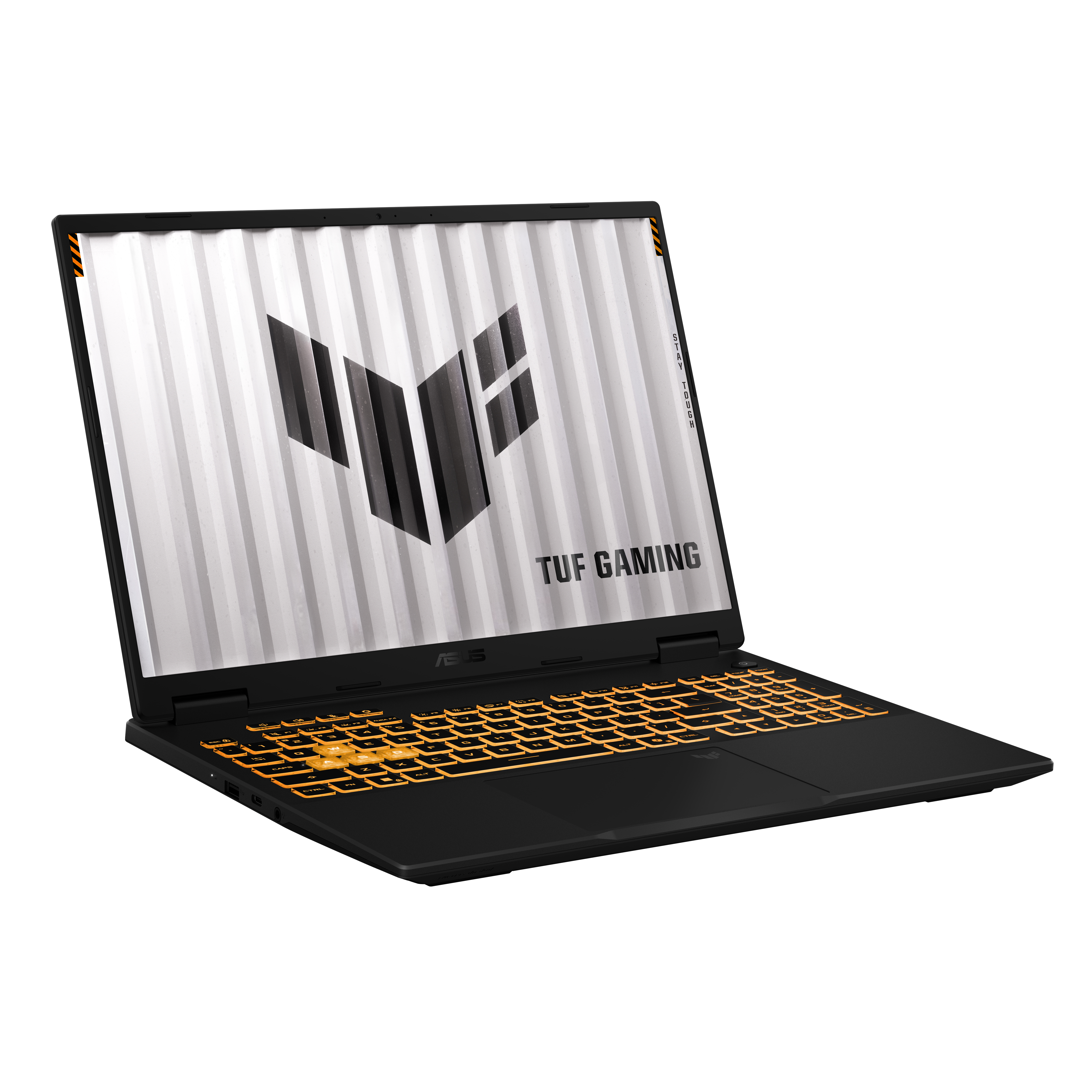 Turuncu arkadan aydınlatmalı klavyeye ve ekranda TUF logosuna sahip siyah bir Asus TUF Gaming dizüstü bilgisayar.