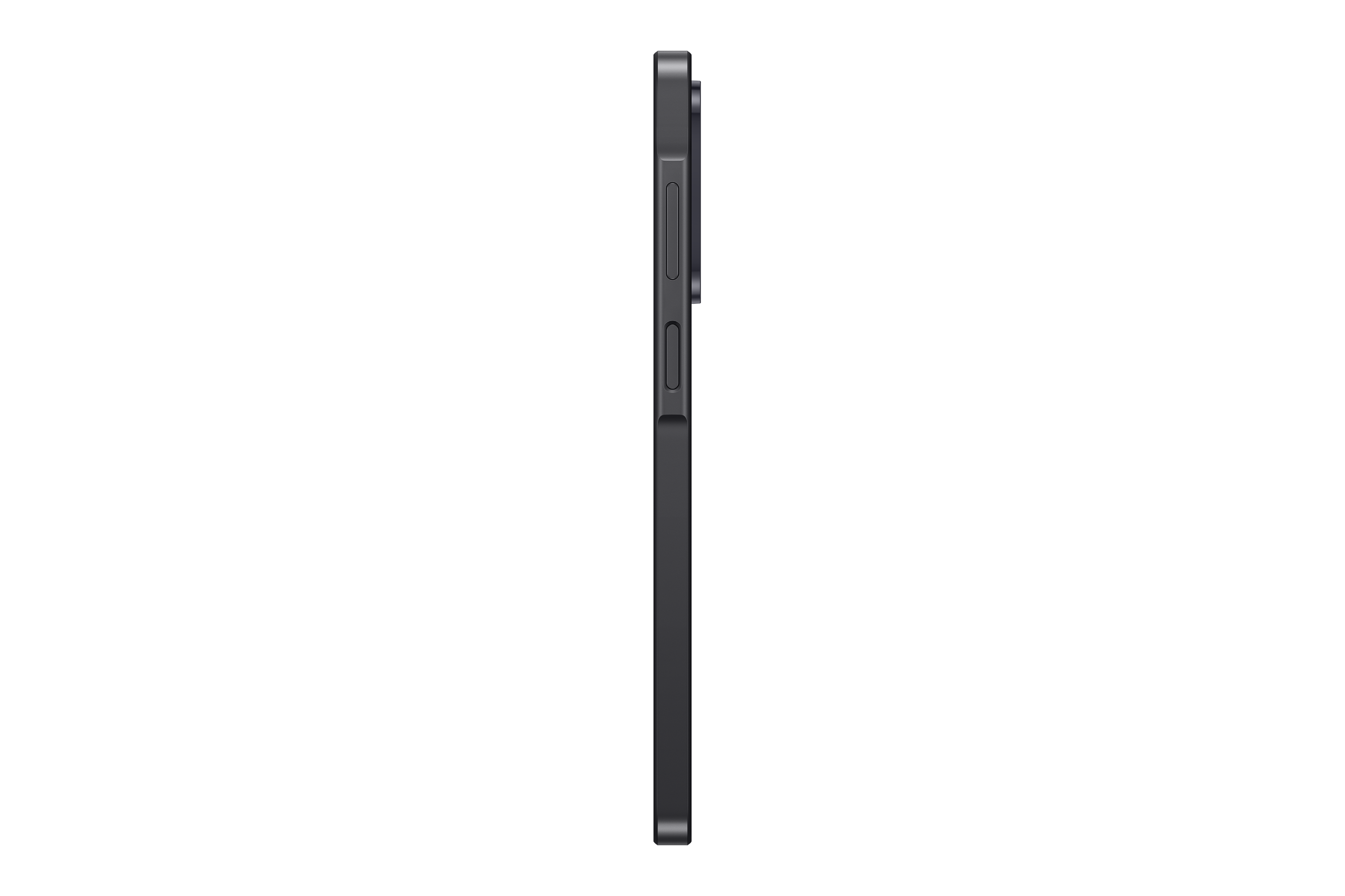 Seitenansicht eines dunklen Smartphones mit Lautstärke- und Ein/Aus-Tasten vor schwarzem Hintergrund.