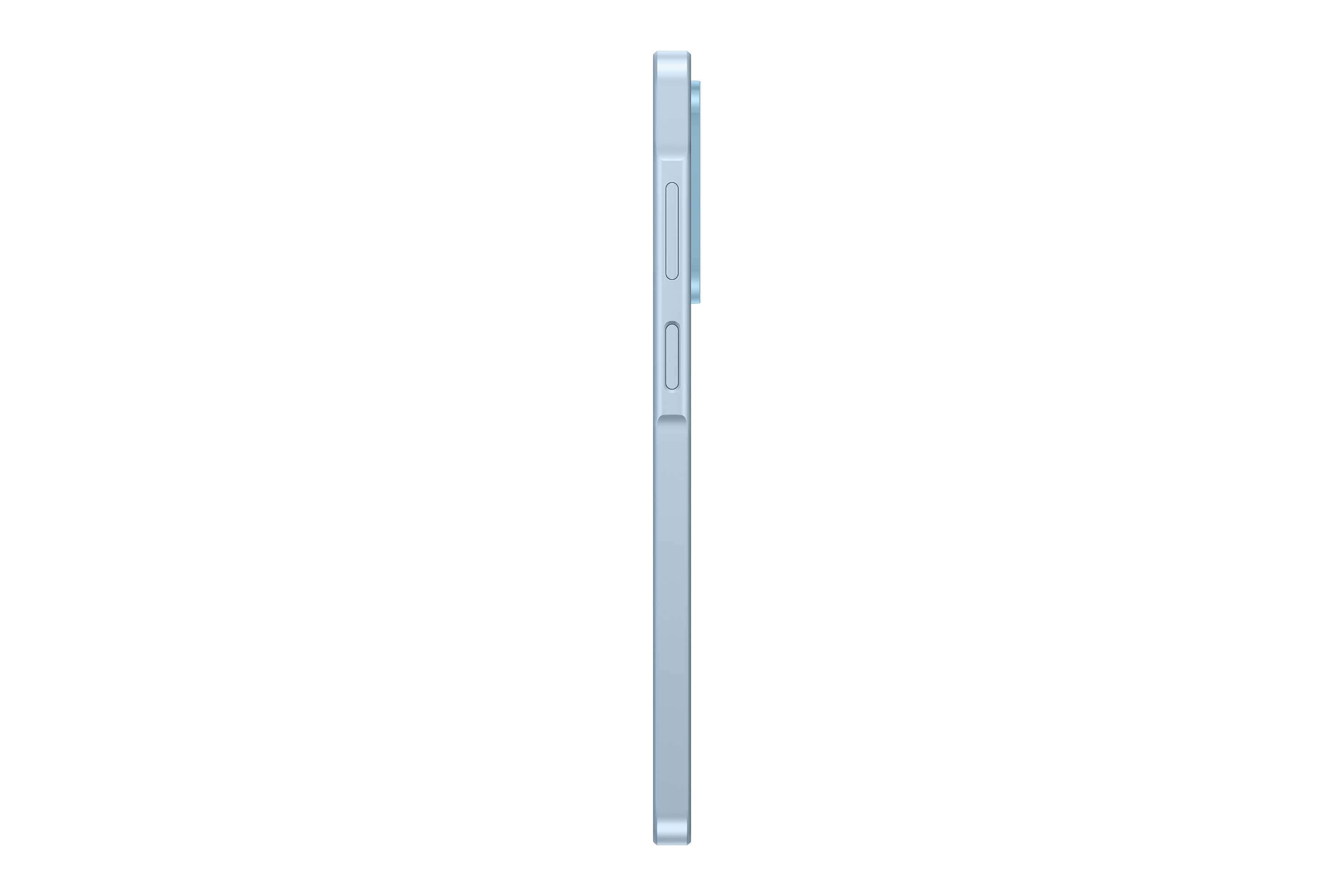 Seitenansicht eines hellblauen Smartphones auf schwarzem Hintergrund mit sichtbaren Tasten.
