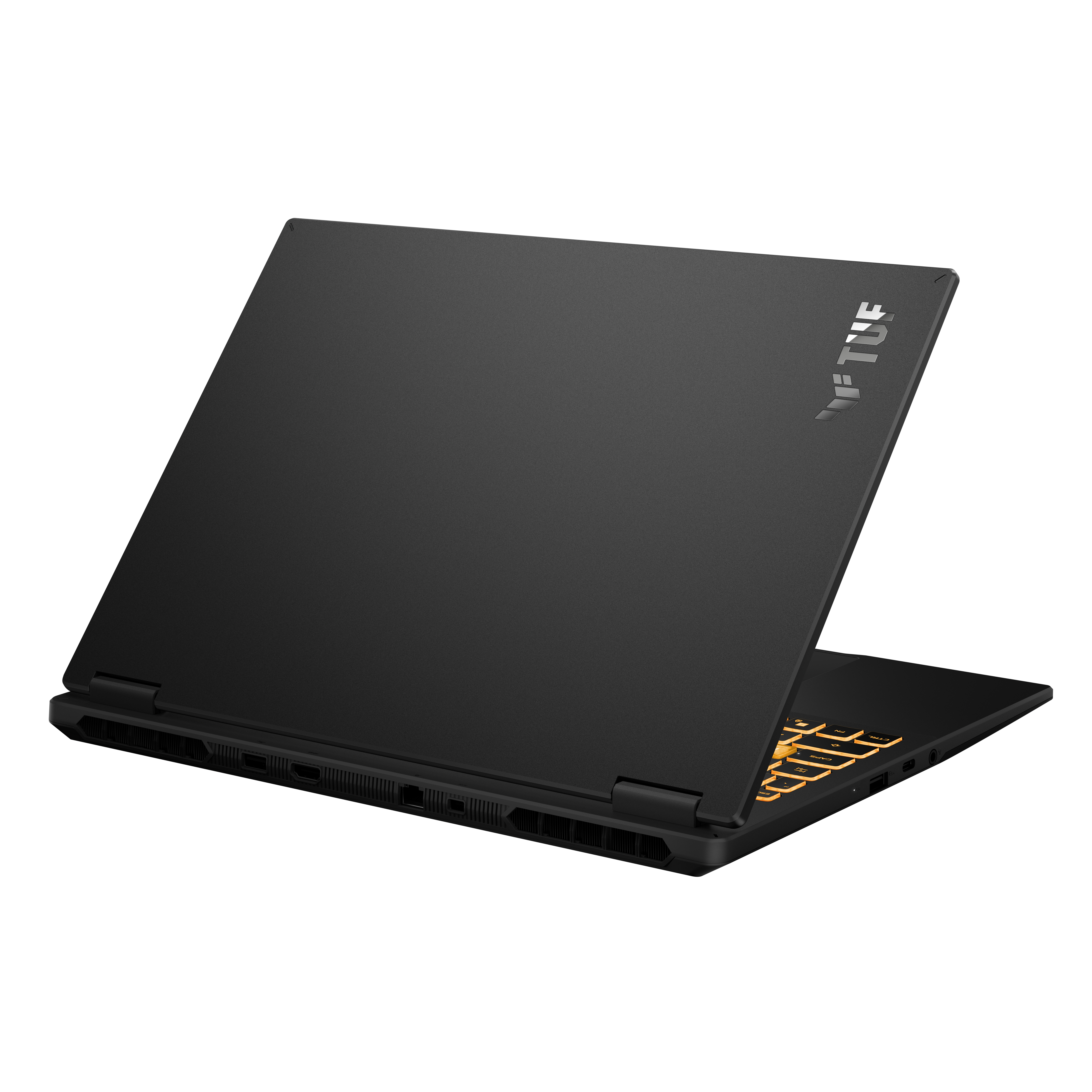 Beyaz arka planda siyah laptop, TUF logolu kapalı kapak, turuncu klavye arka aydınlatması.