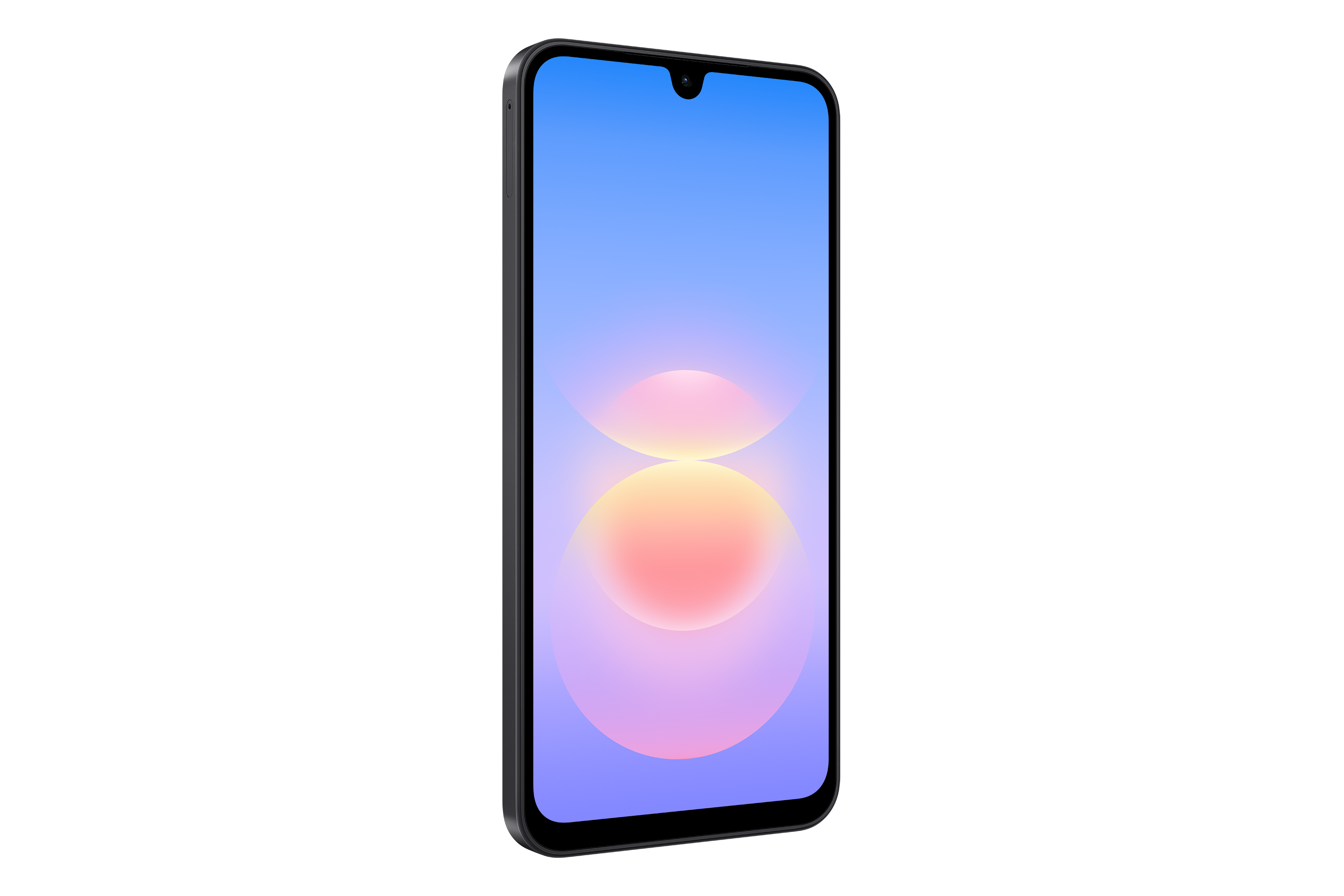 Ein Smartphone mit schwarzem Rahmen steht auf schwarzem Hintergrund und zeigt ein hellblau-rosa Gradienten-Display.
