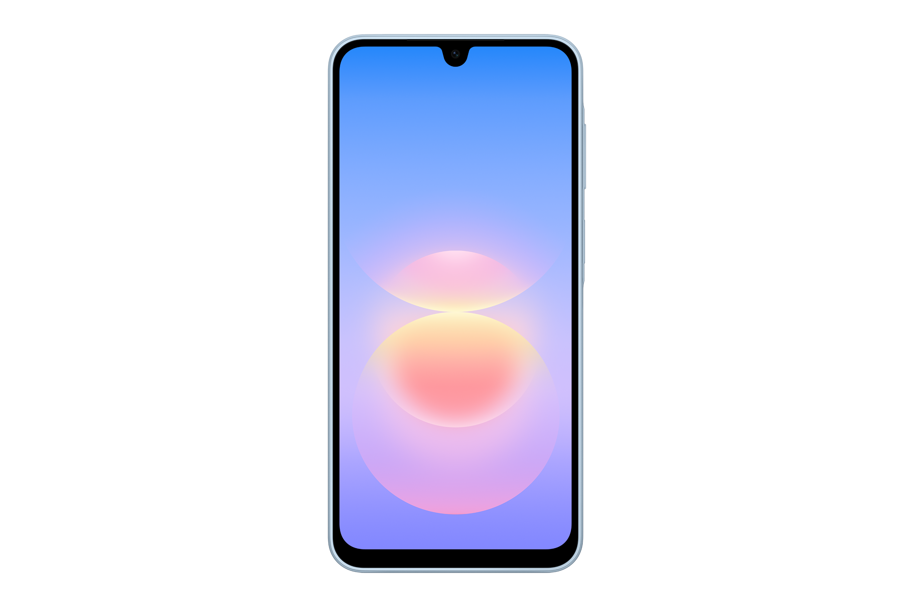 Ein Smartphone mit blauer Benutzeroberfläche und runden, orange-rosa Elementen auf schwarzem Hintergrund.