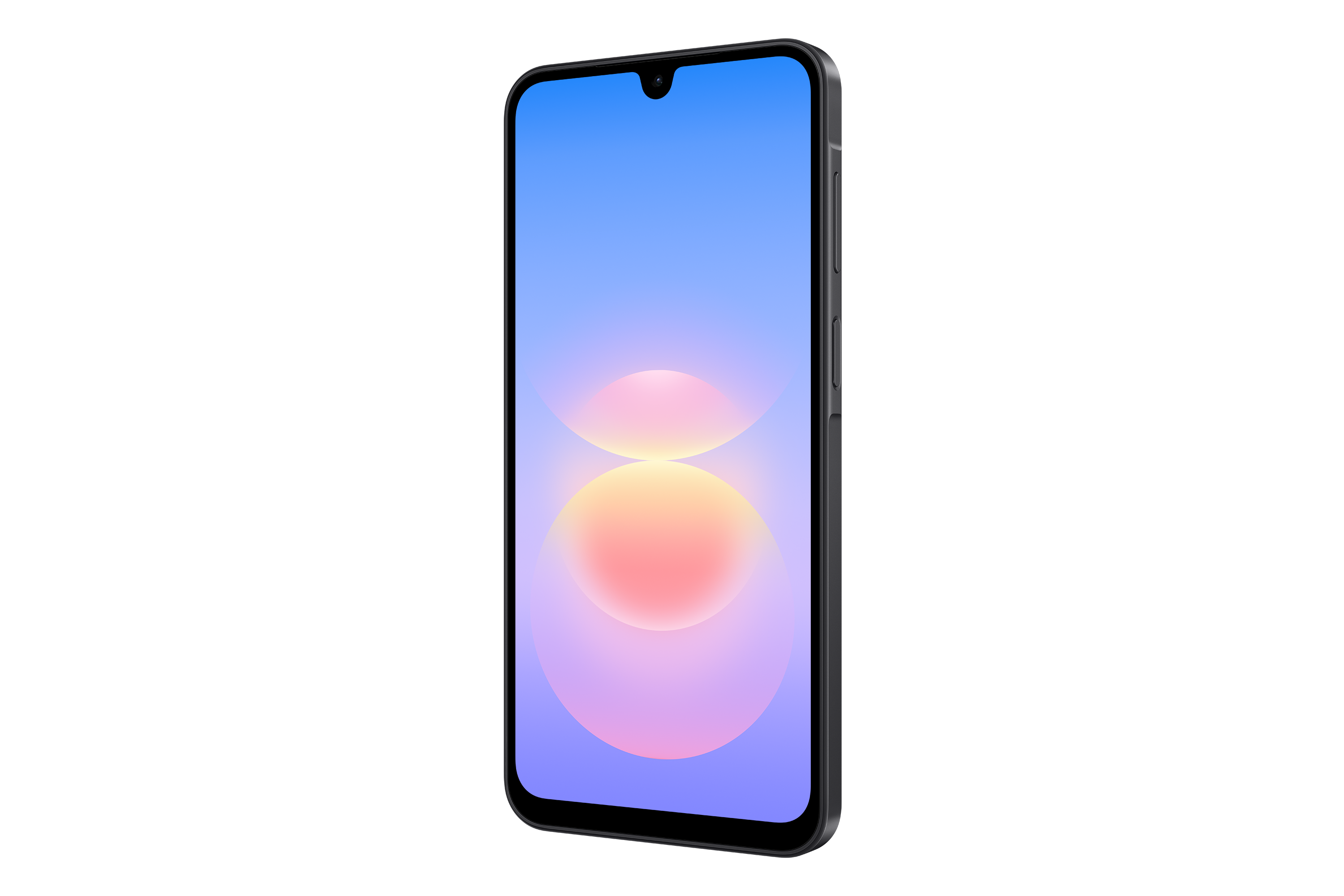 Ein Smartphone mit blau-rosa Hintergrundbild und Seitentasten auf schwarzem Hintergrund.