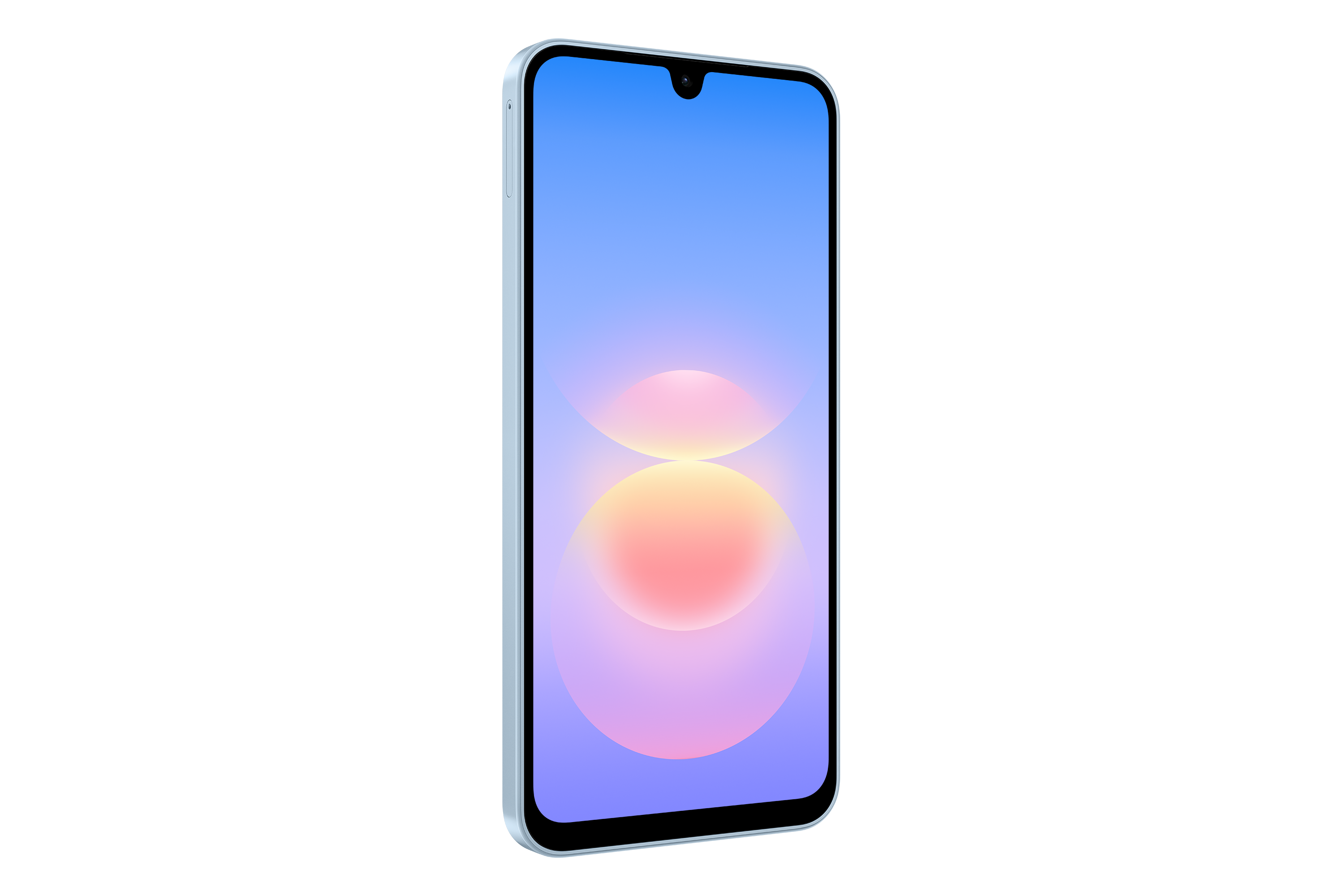 Ein weißes Smartphone mit hellem, blau-rosa Farbverlauf auf dem Display vor schwarzem Hintergrund.