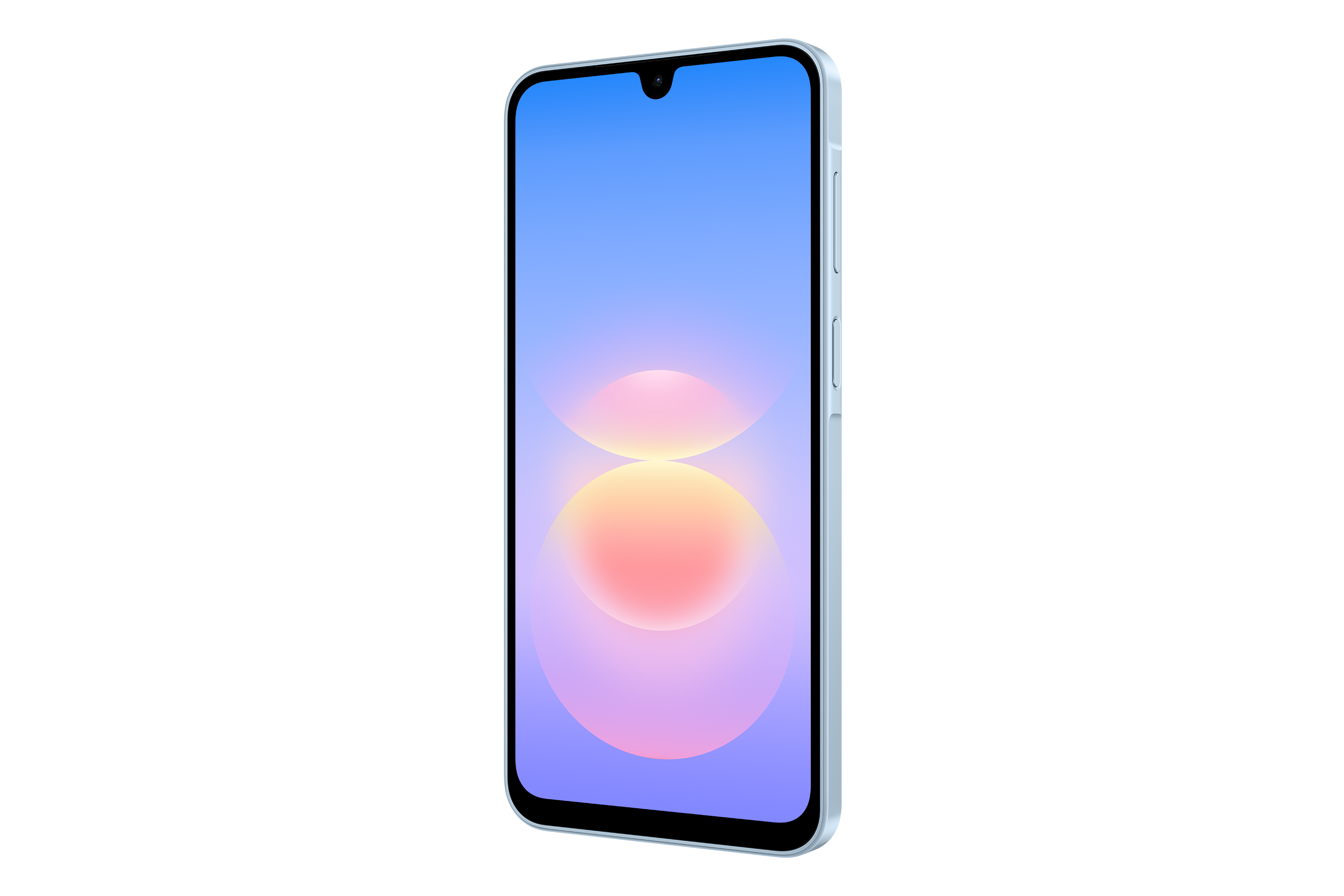Ein weißes Smartphone mit einem hellblauen und orangefarbenen Hintergrund auf dem Bildschirm vor schwarzem Hintergrund.