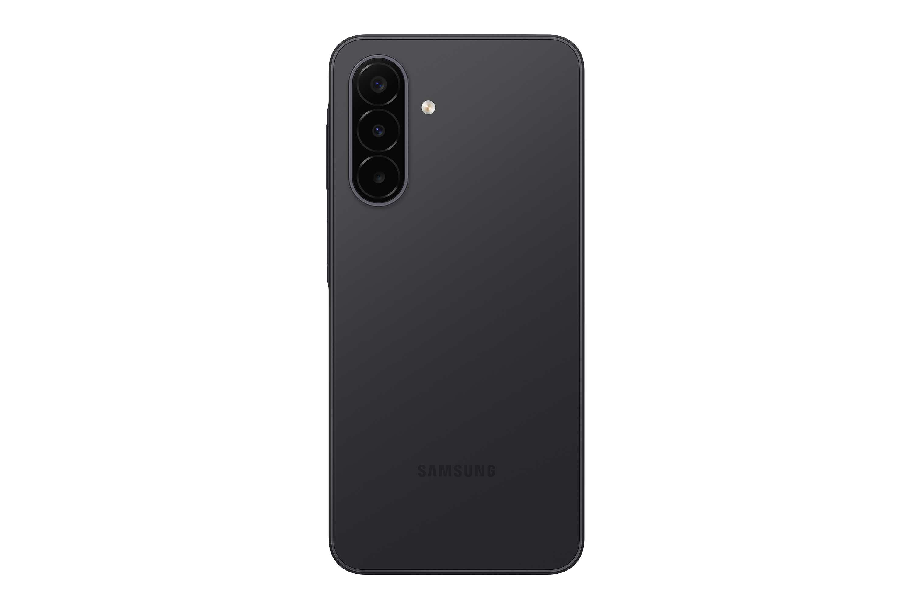 Rückseite eines grauen Smartphones mit drei vertikalen Kameras und dem Samsung-Logo.