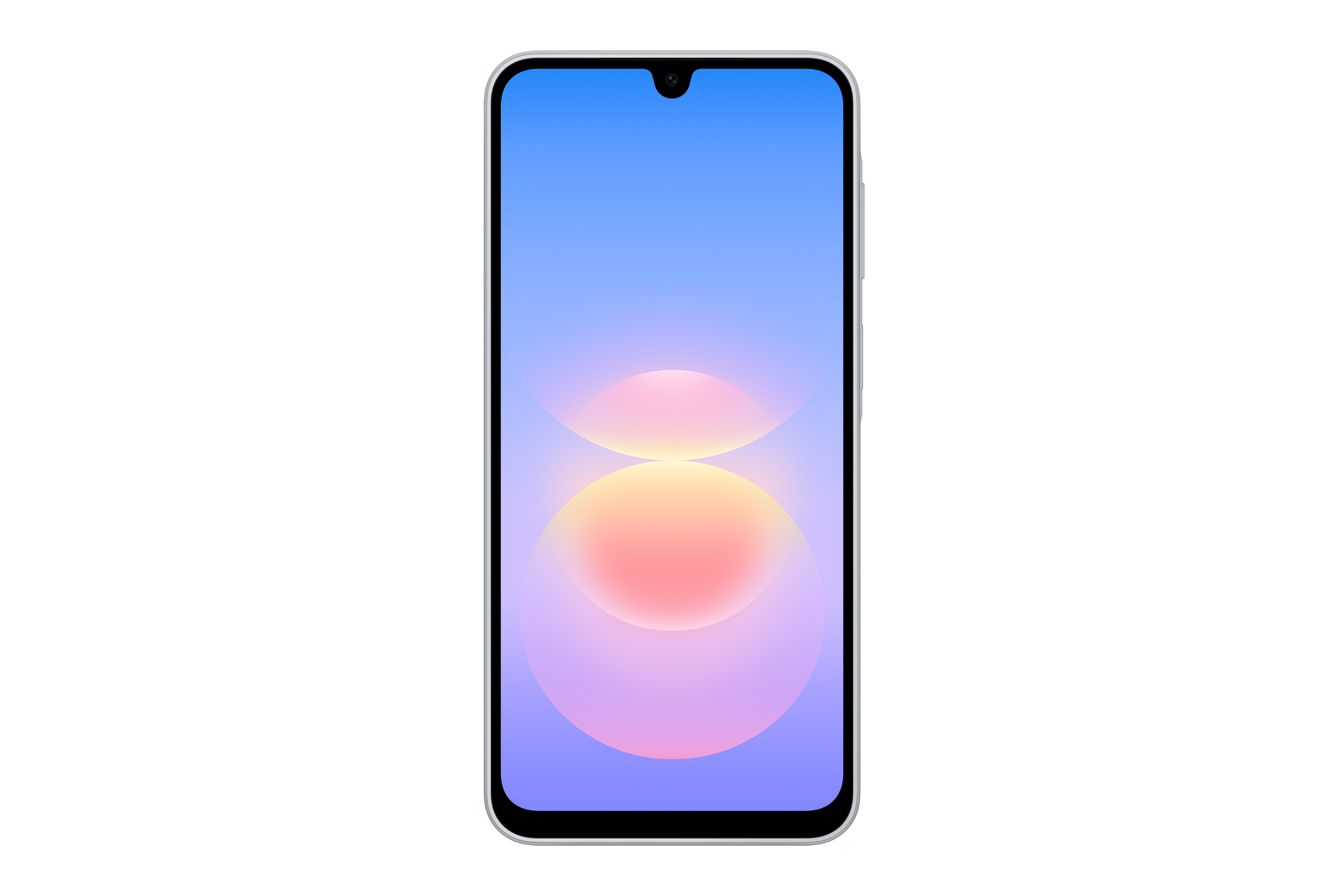 Ein Smartphone mit weißem Rahmen auf schwarzem Hintergrund zeigt ein blau-rosa Gradienten-Hintergrundbild.