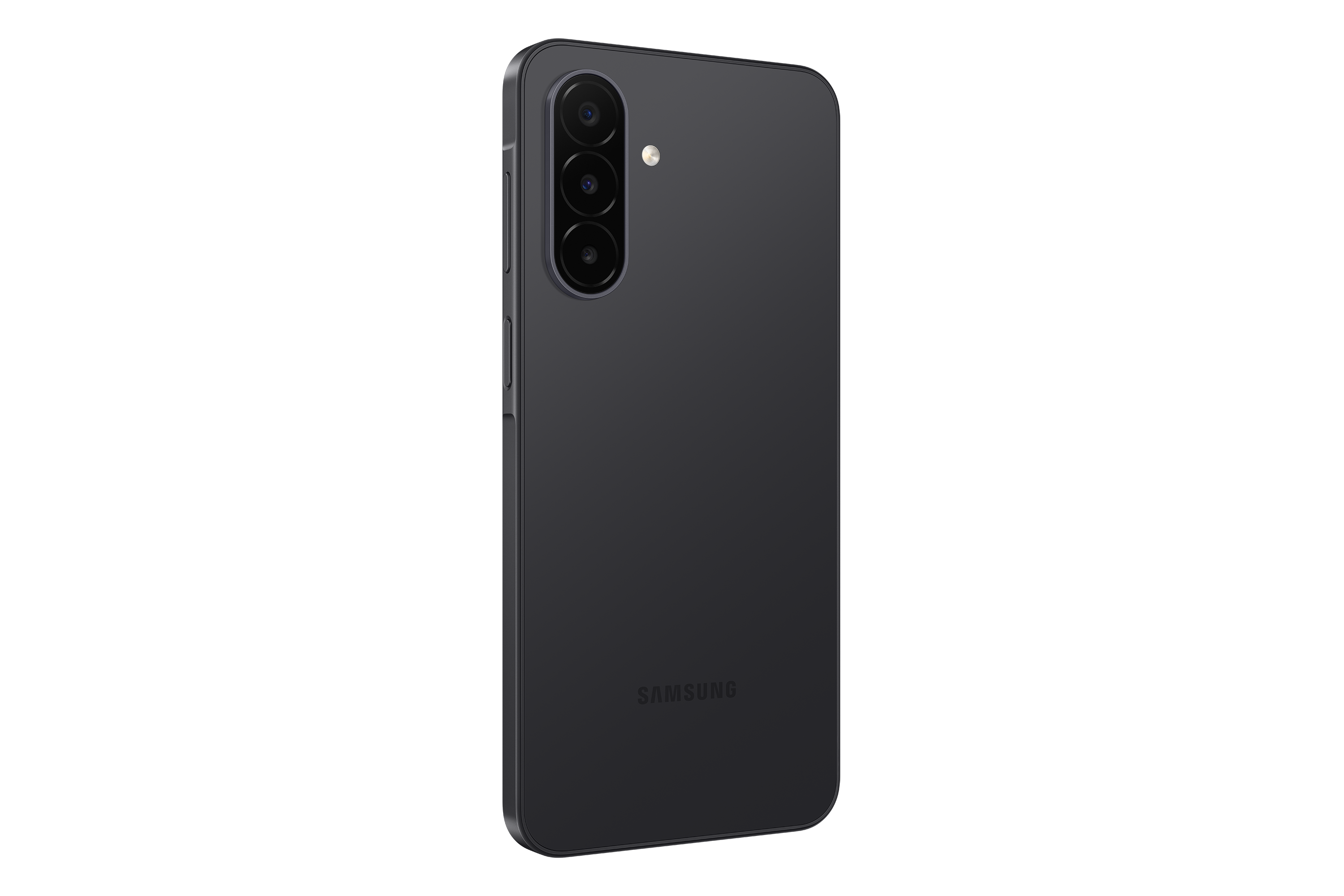 Rückseite eines grauen Samsung-Smartphones mit drei vertikalen Kameras auf schwarzem Hintergrund.