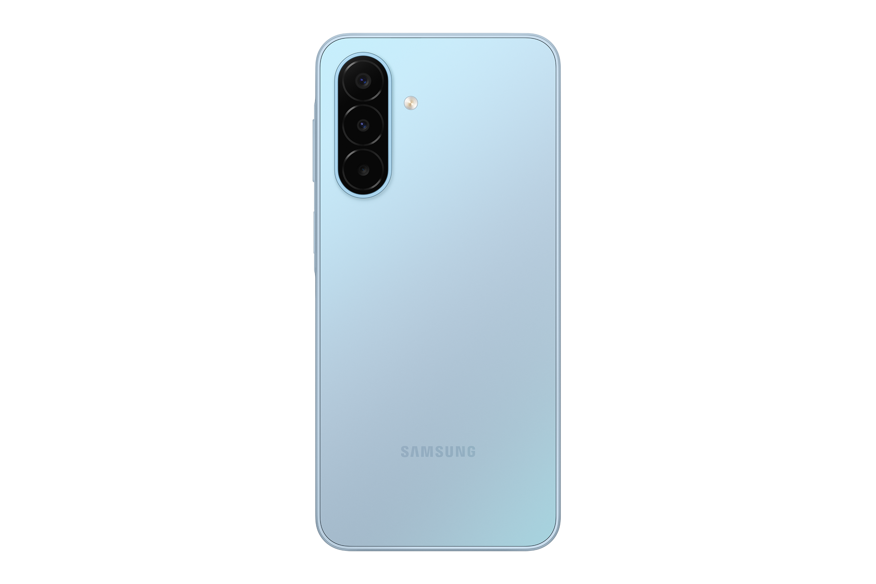 Die Rückseite eines hellblauen Samsung-Smartphones mit vertikaler Dreifachkamera und dem Samsung-Logo.