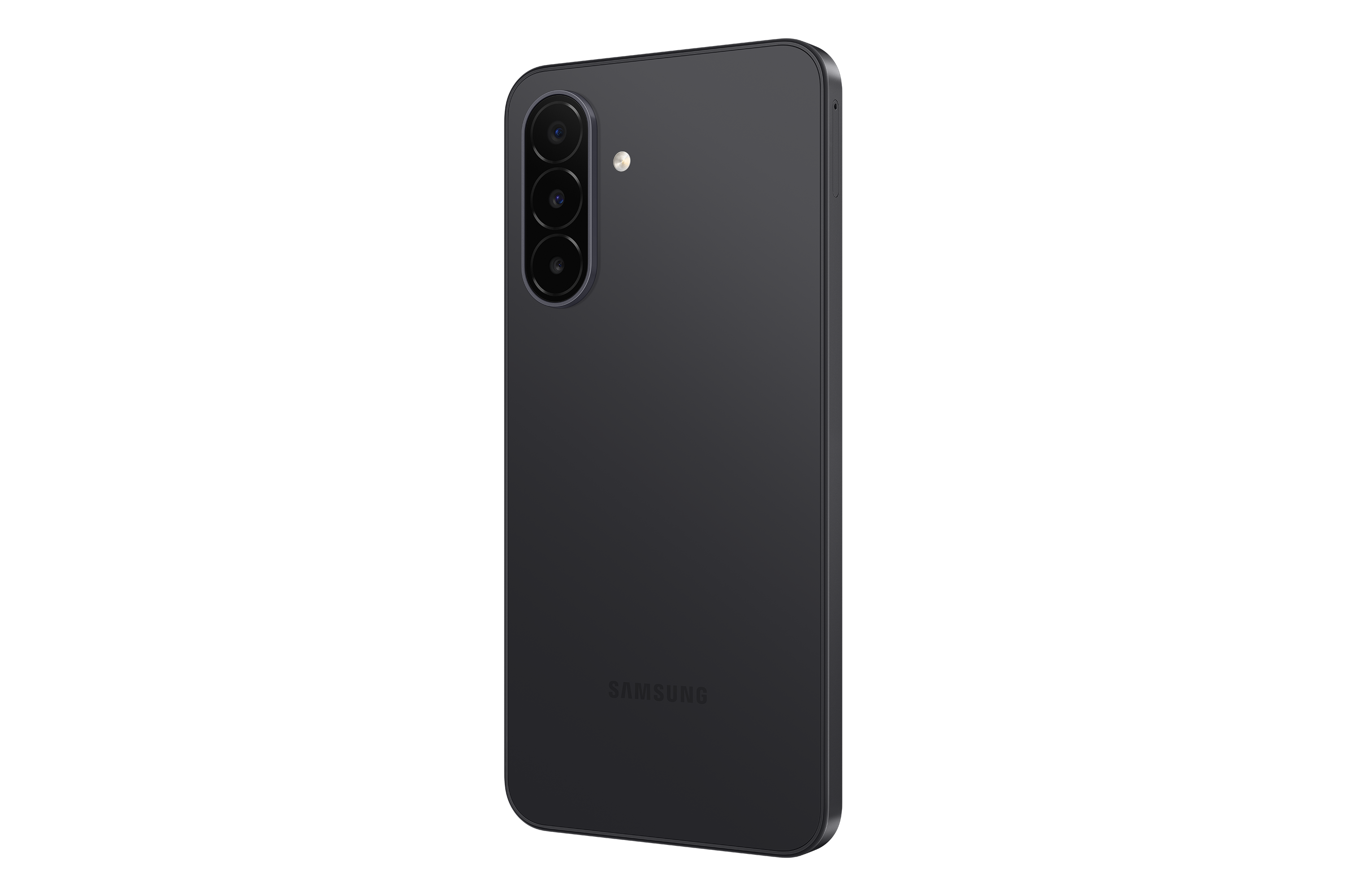 Rückseite eines grauen Samsung-Smartphones mit dreifacher Kamera und Blitz.