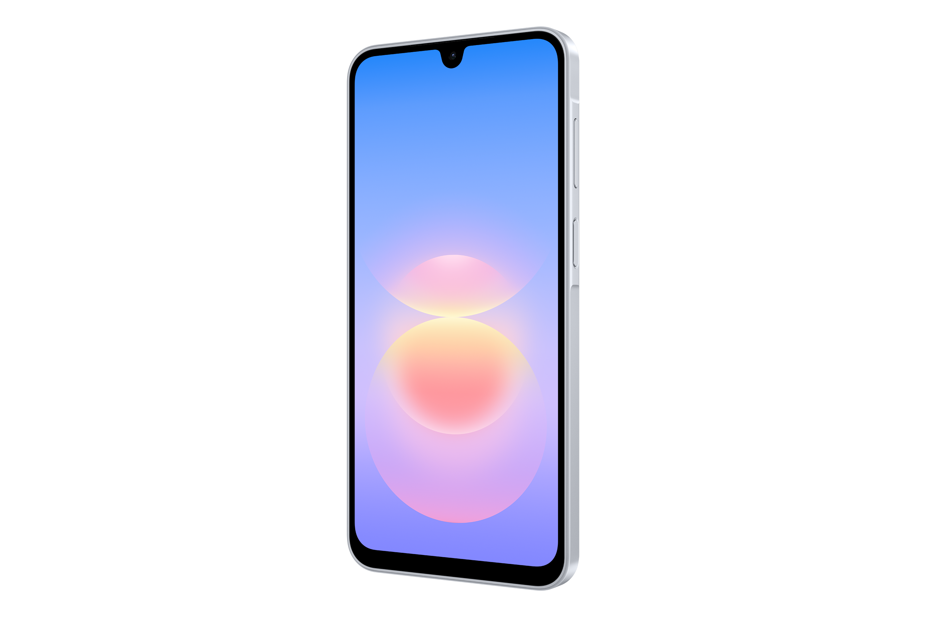 Ein weißes Smartphone mit hellem, blau-rosa Farbverlauf auf dem Display zeigt sich vor schwarzem Hintergrund.
