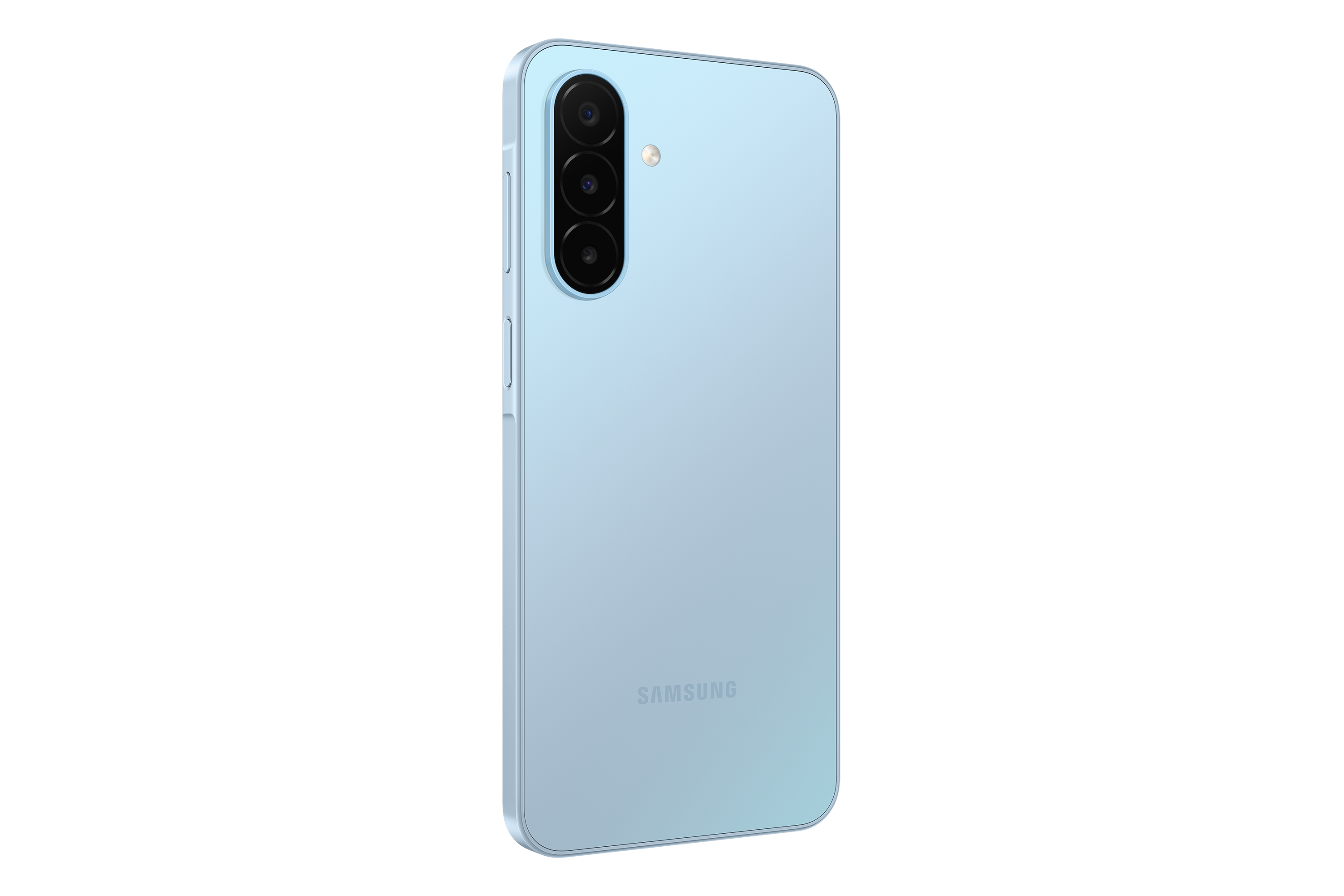 Rückseite eines hellblauen Samsung-Smartphones mit drei vertikalen Kameras auf schwarzem Hintergrund.