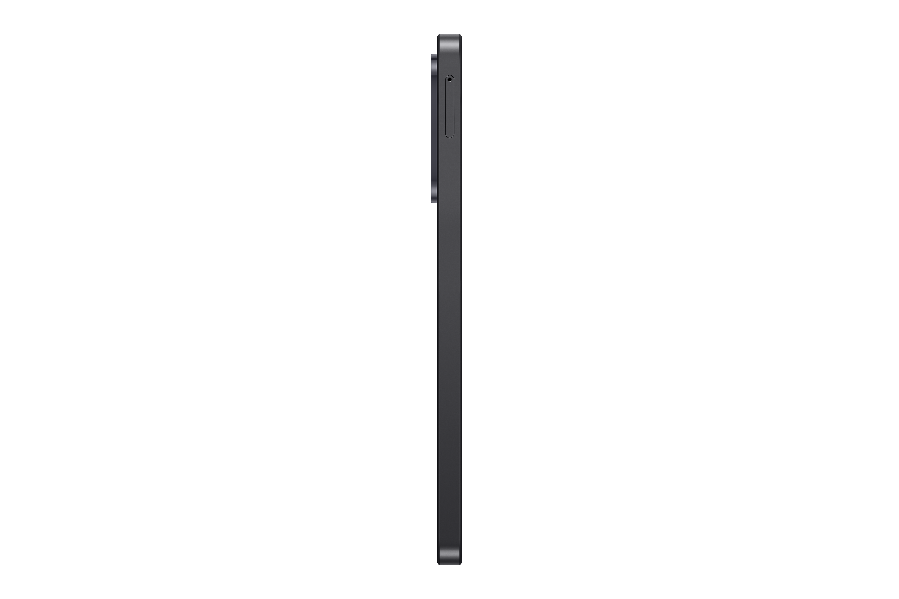 Seitenansicht eines dunklen Smartphones mit Kameramodul auf schwarzem Hintergrund.