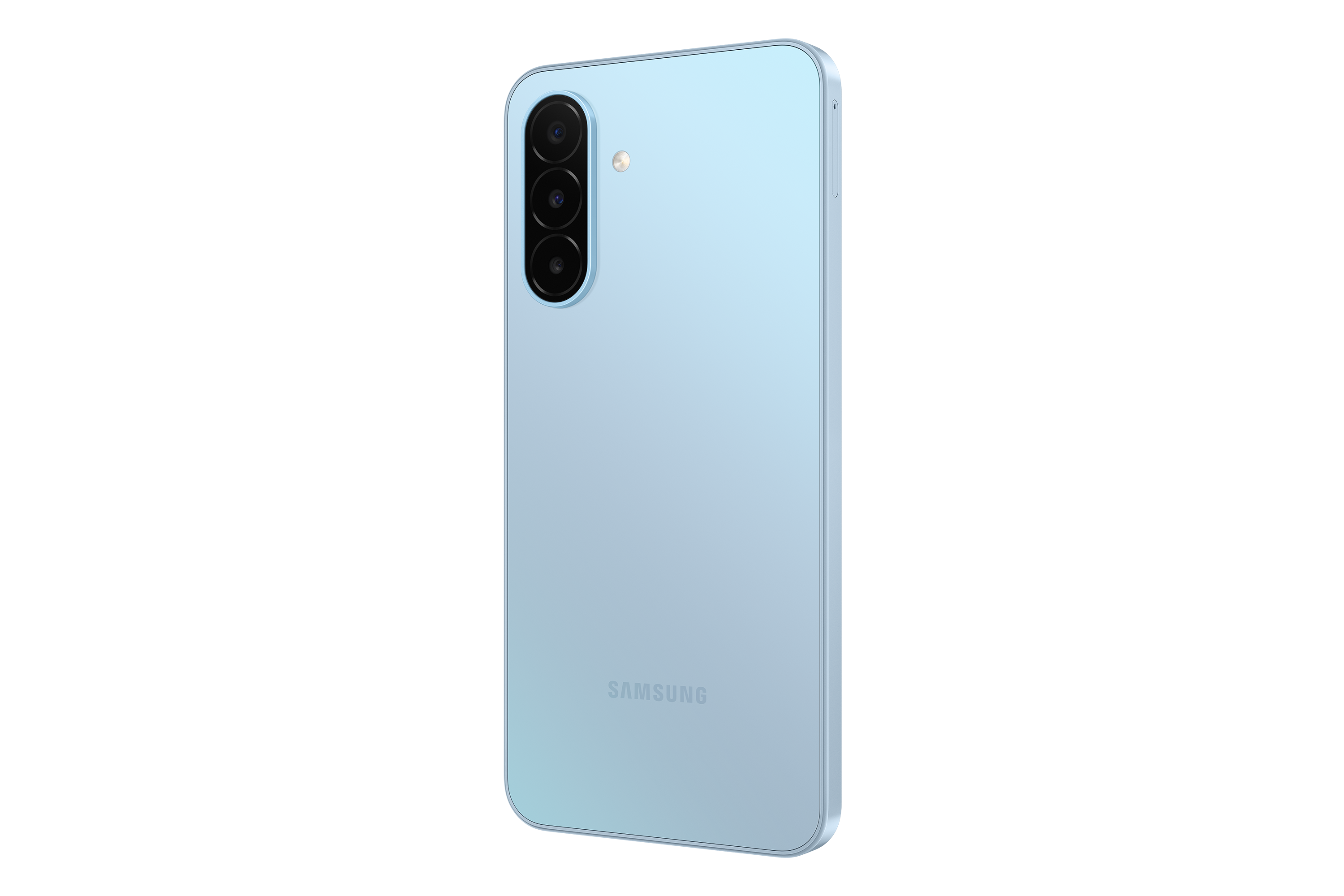 Hellblaues Samsung-Smartphone von hinten mit drei vertikalen Kameras und dem Samsung-Logo.