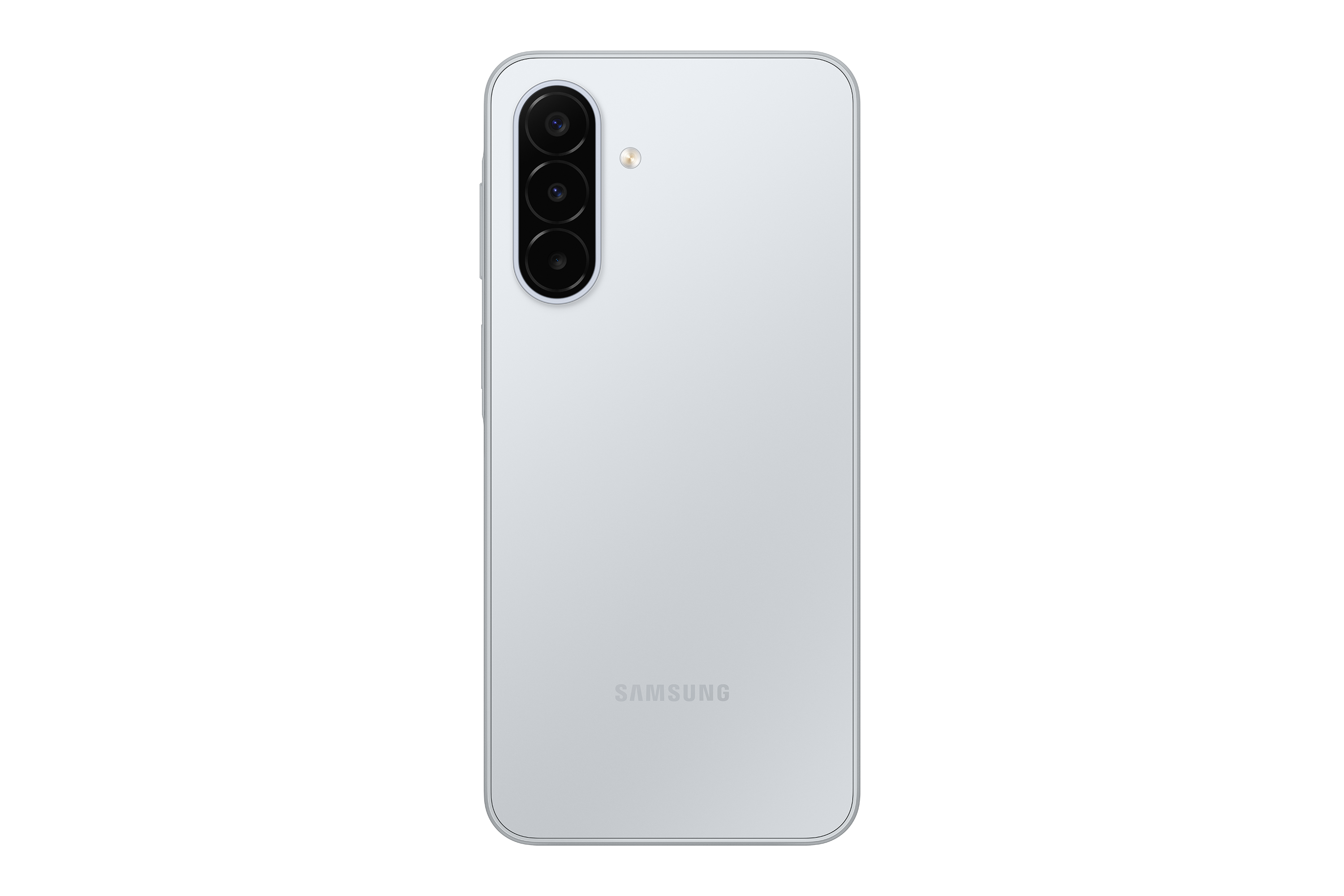Rückseite eines weißen Smartphones mit drei vertikalen Kameras und dem Samsung-Logo.