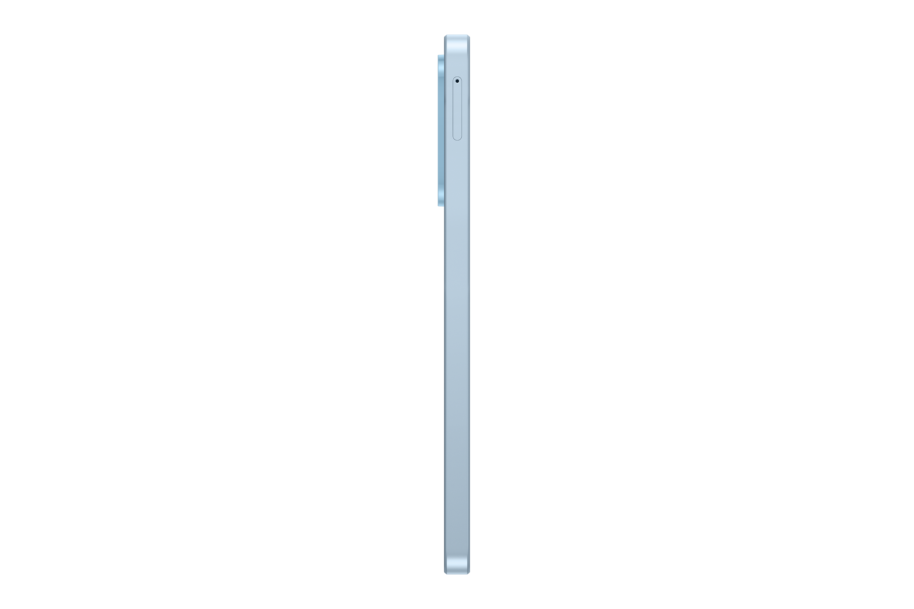 Seitenansicht eines hellblauen Smartphones auf schwarzem Hintergrund mit Kameraeinfassung und Tasten.