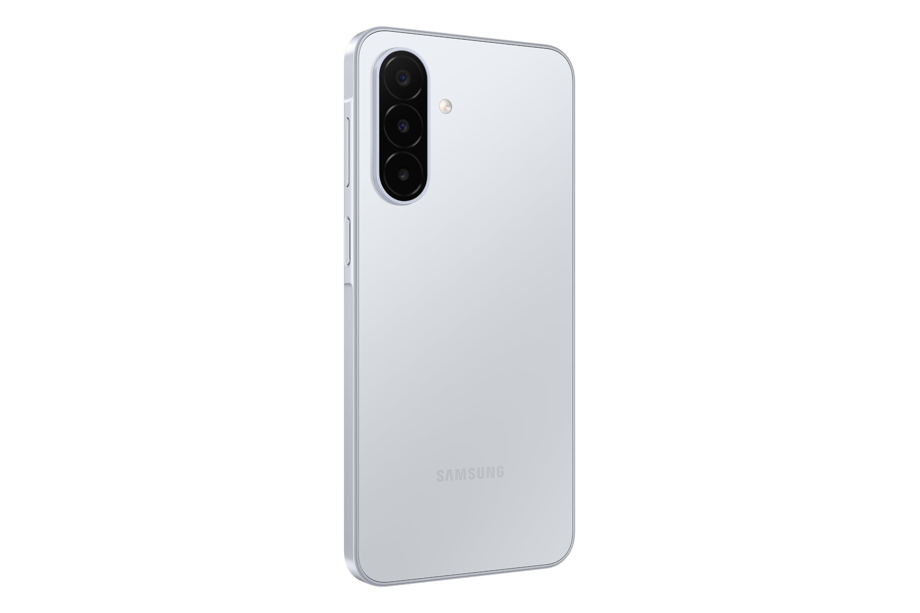 Rückseite eines weißen Samsung-Smartphones mit vertikaler Dreifachkamera gegen schwarzen Hintergrund.