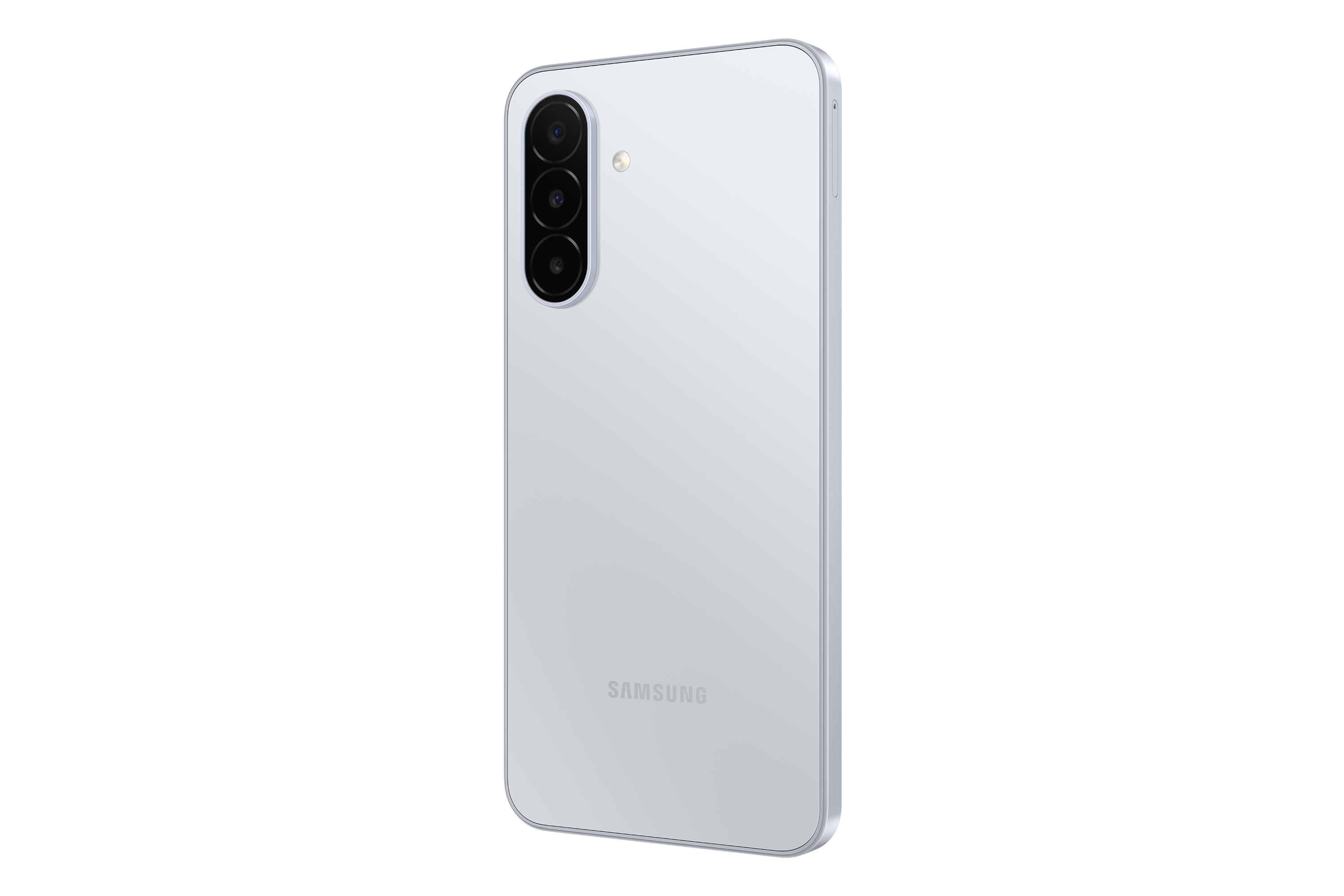 Rückseite eines silbernen Samsung-Smartphones mit vertikaler Dreifachkamera und Logo.