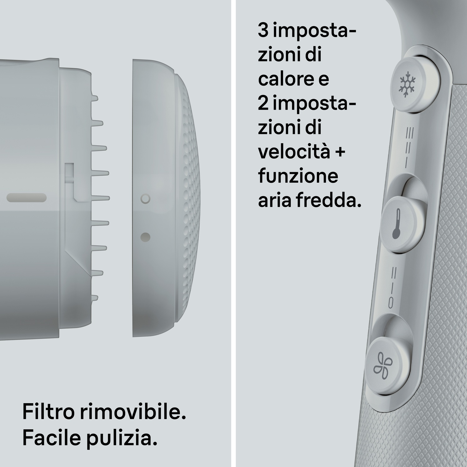 Asciugacapelli con filtro rimovibile e pulsanti per calore, velocità e colpo d'aria fredda.