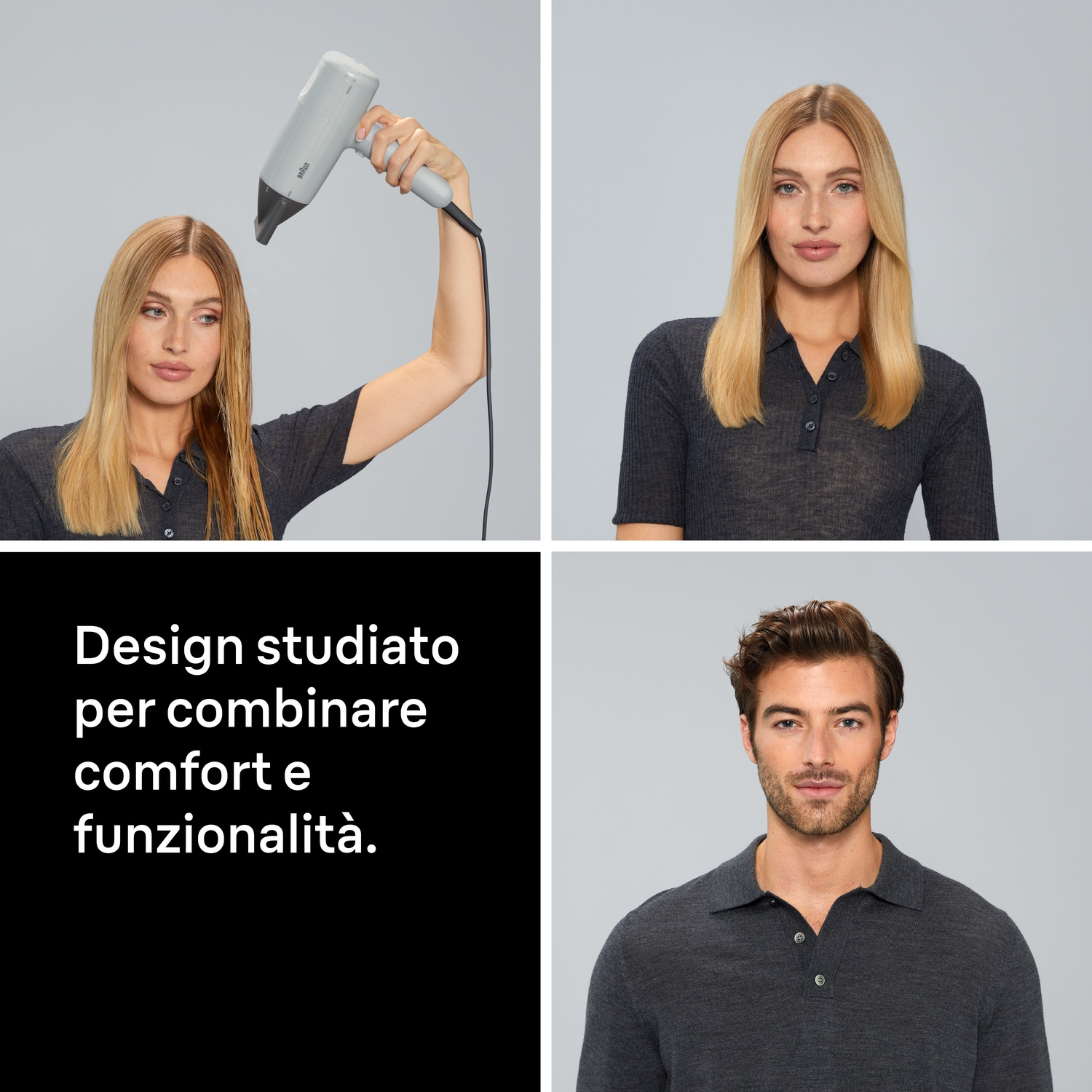 Una donna asciuga i capelli, una mostra capelli lisci, un riquadro di testo e un uomo presentano la cura dei capelli.