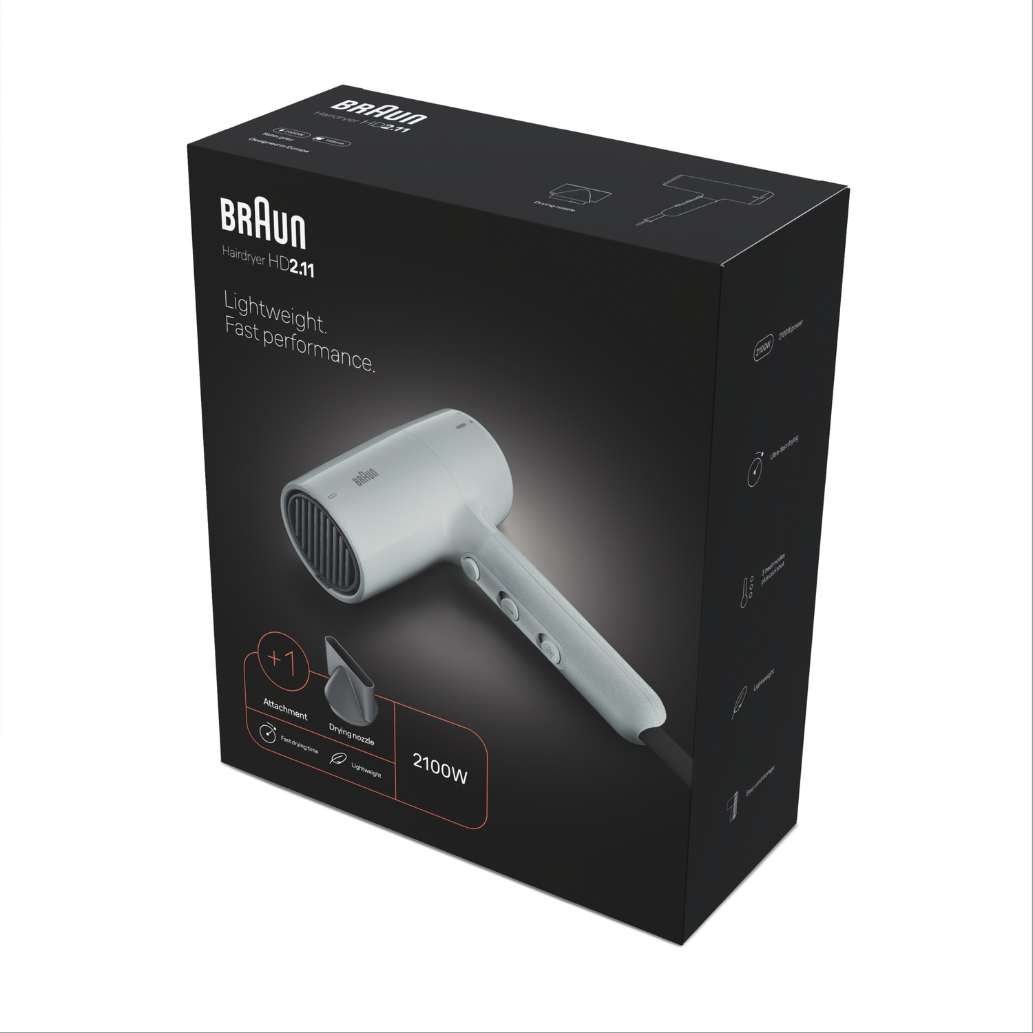Scatola nera per asciugacapelli Braun con asciugacapelli bianco e testo.