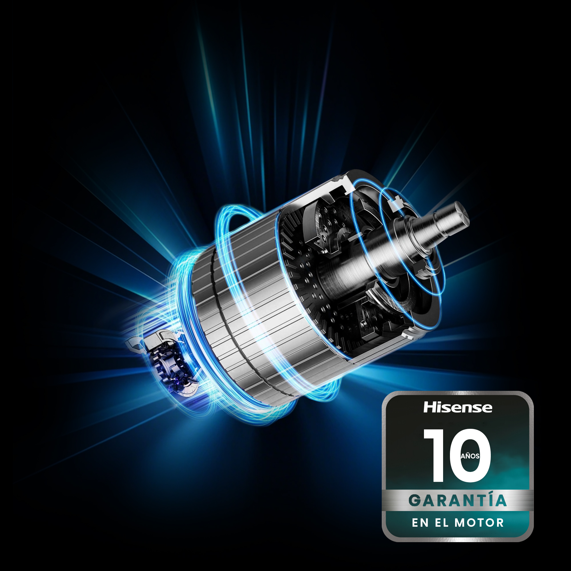 Un gráfico de motor eléctrico metálico con anillos de energía azules brillantes y una insignia de garantía de 10 años.