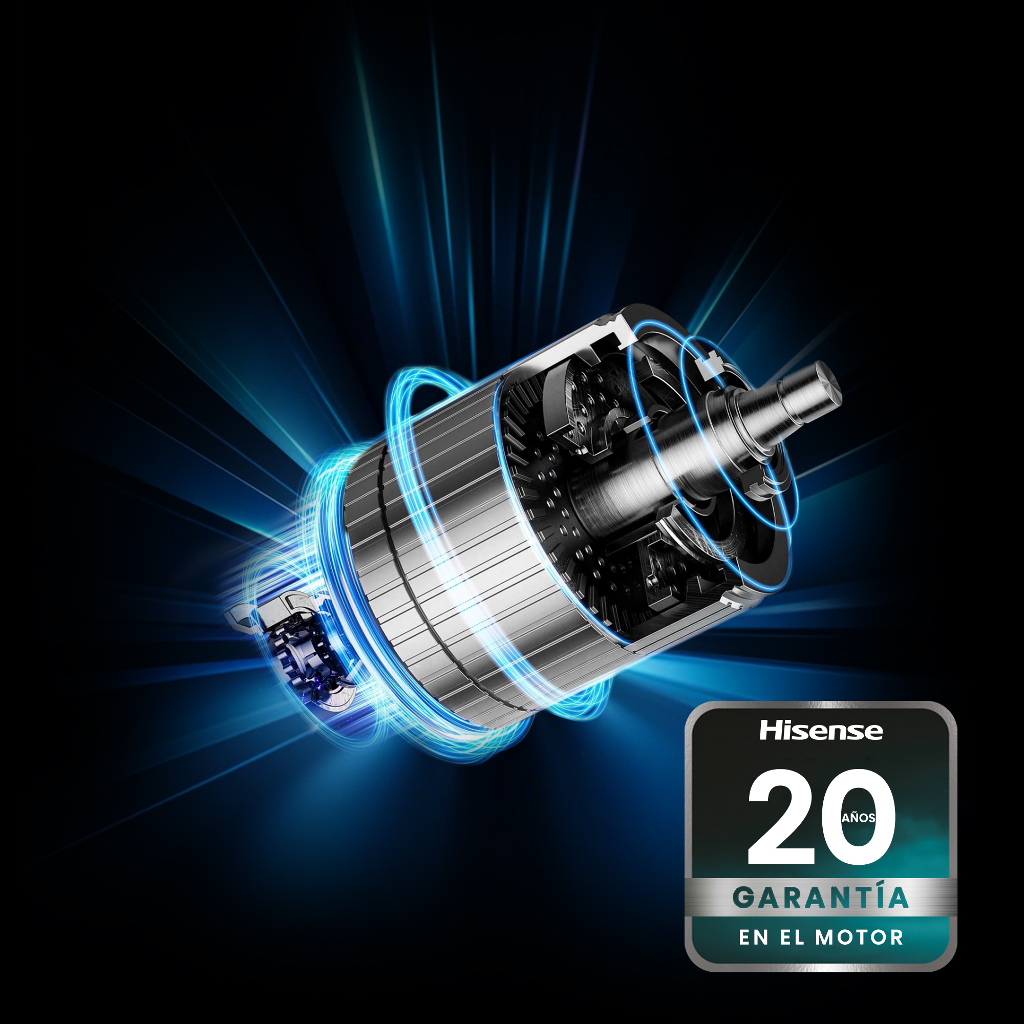 Un motor eléctrico brillante sobre fondo negro con efectos de luz azul y una insignia de garantía de 20 años.